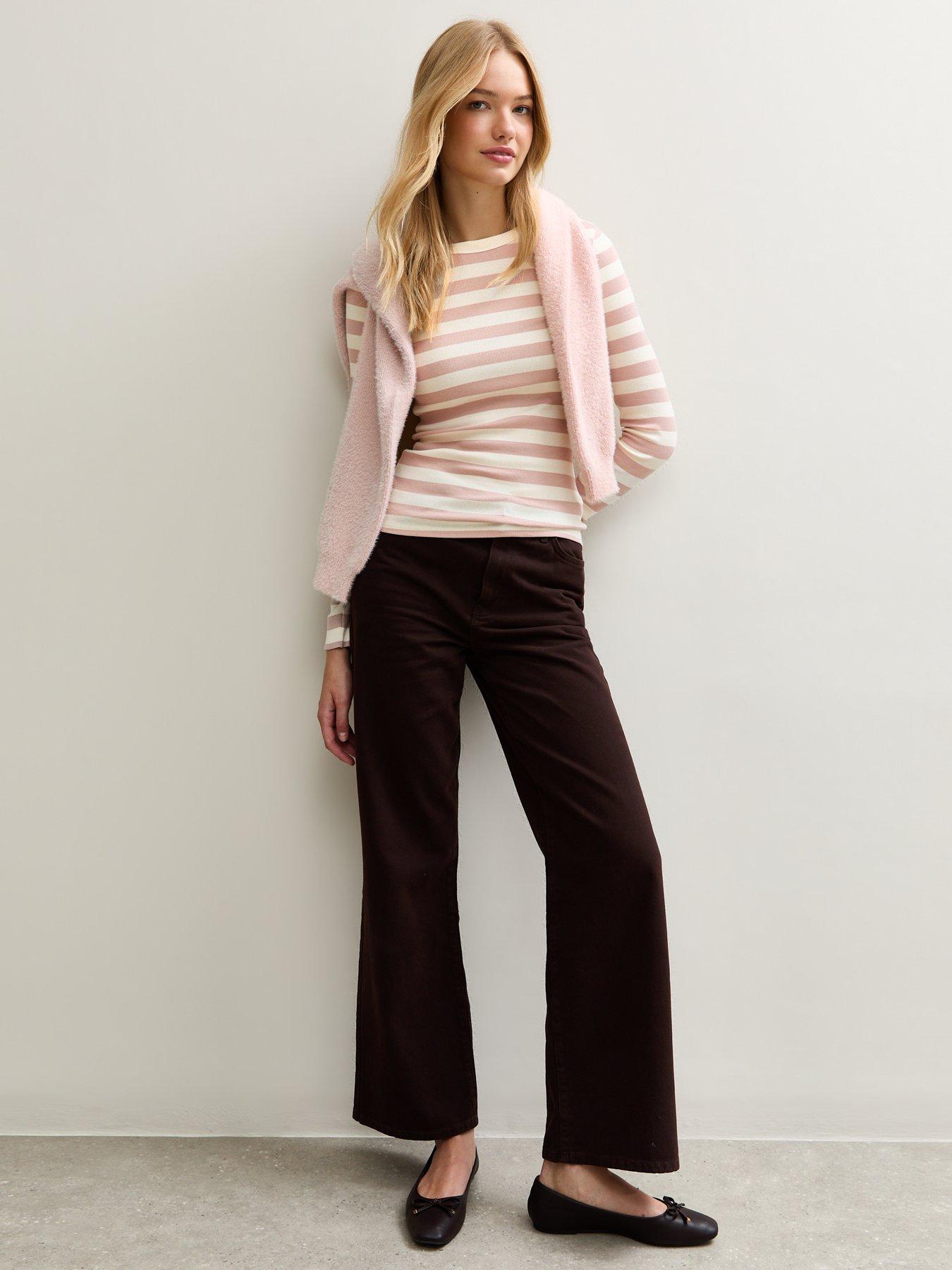 Image 3 of 5 of New Look Striped Long Sleeve Ribbed Crew Neck Top - Cream