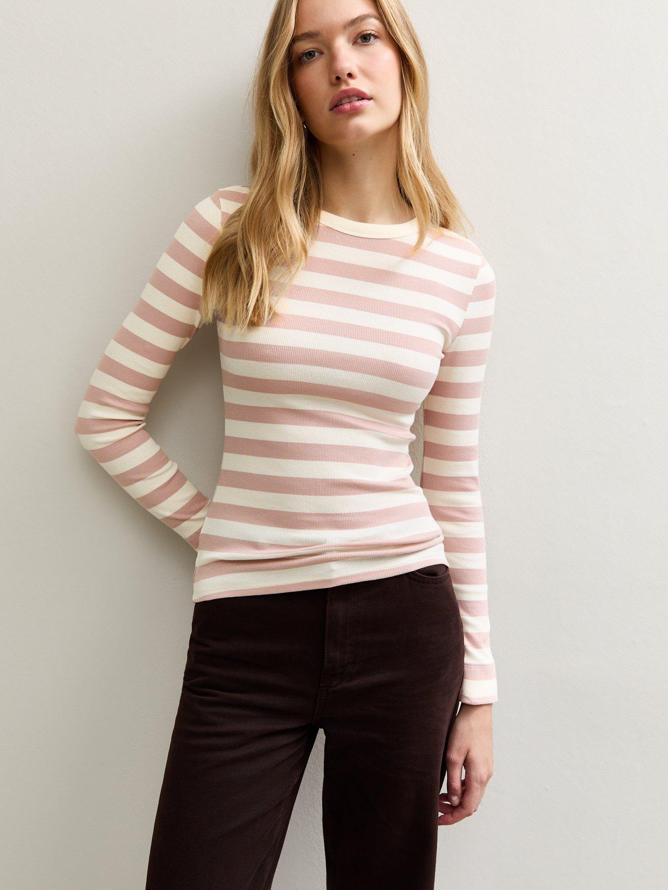 Image 4 of 5 of New Look Striped Long Sleeve Ribbed Crew Neck Top - Cream