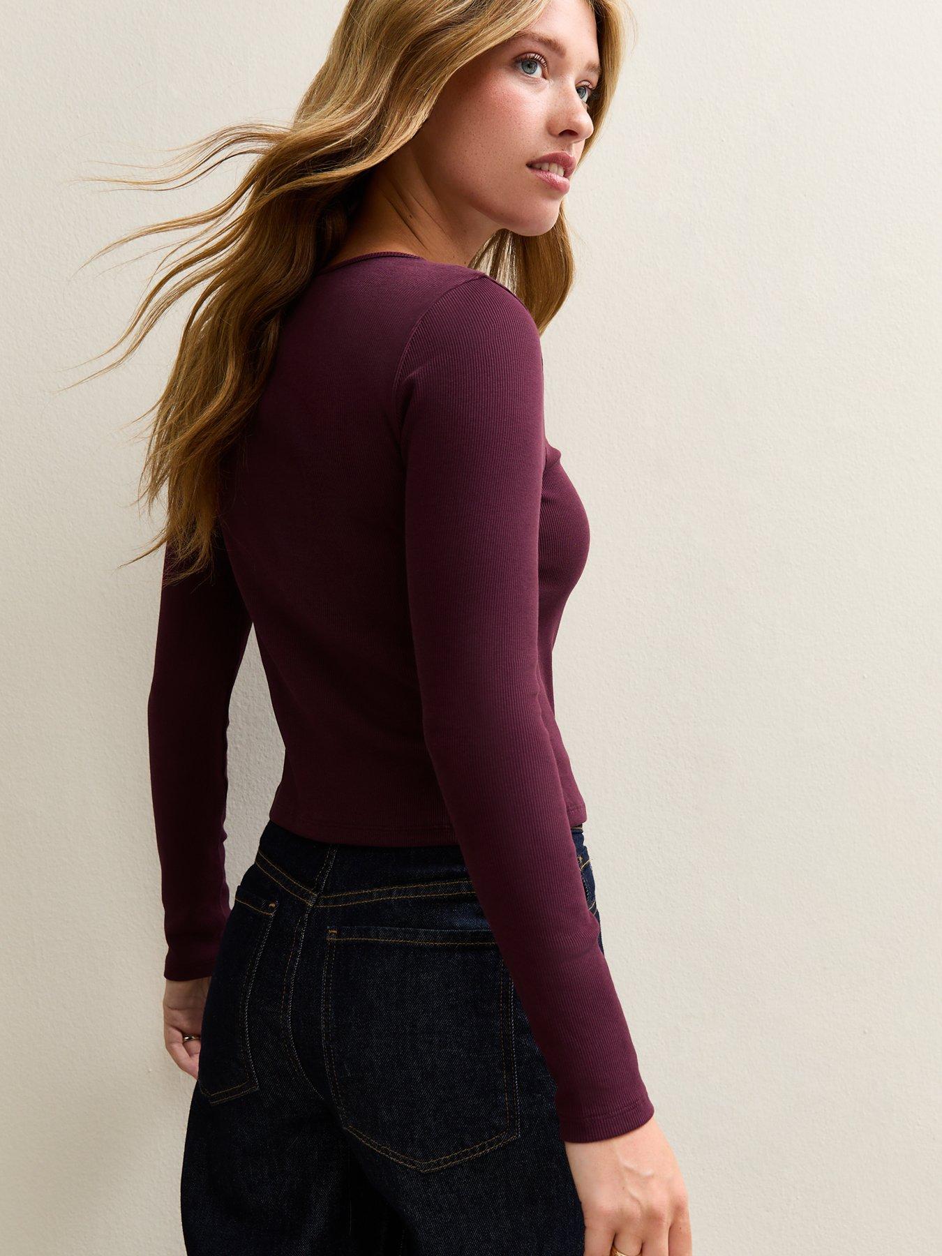 Image 2 of 5 of New Look Ribbed Jersey Long Sleeve Cardigan - Burgundy