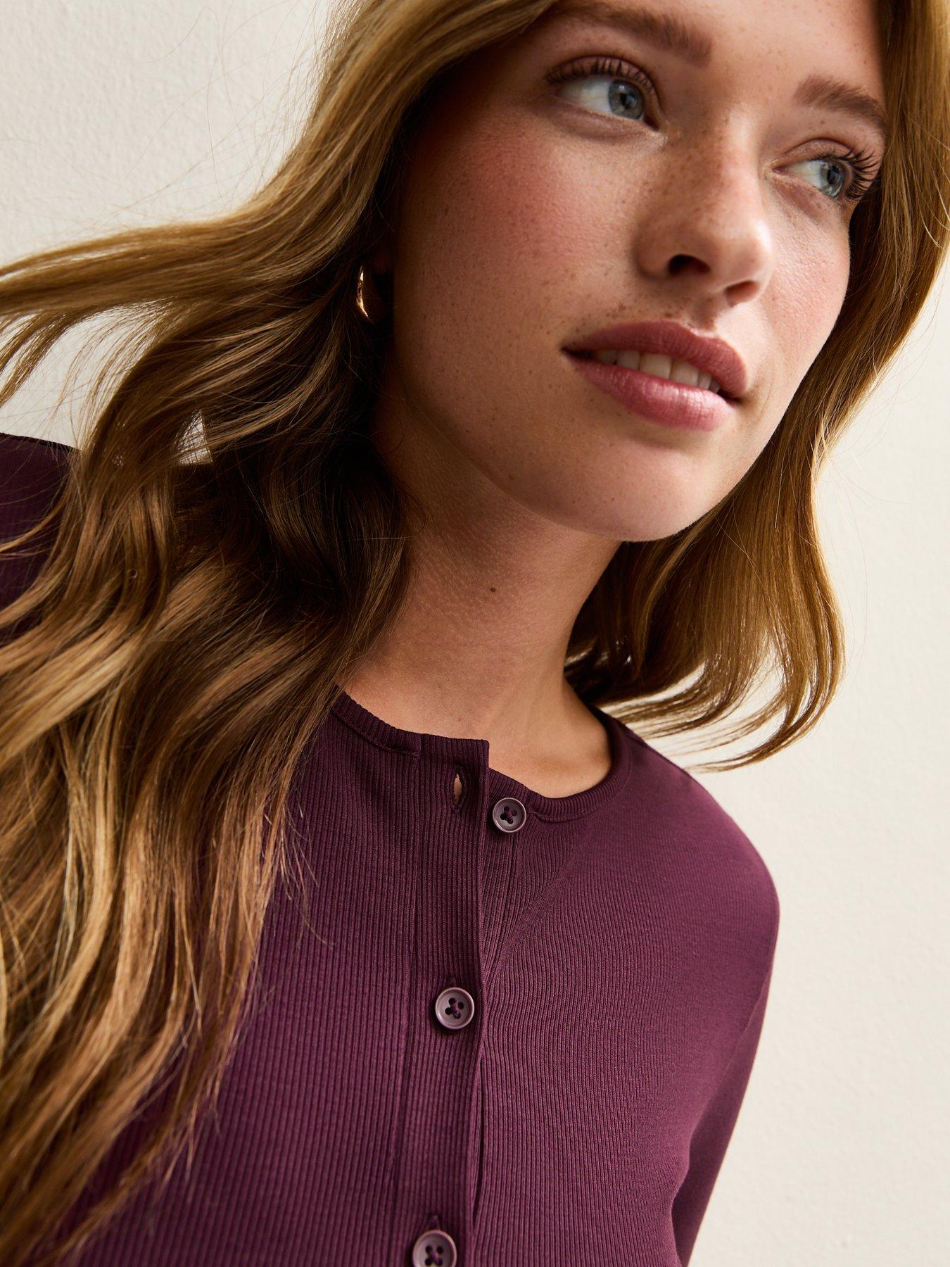 Image 4 of 5 of New Look Ribbed Jersey Long Sleeve Cardigan - Burgundy