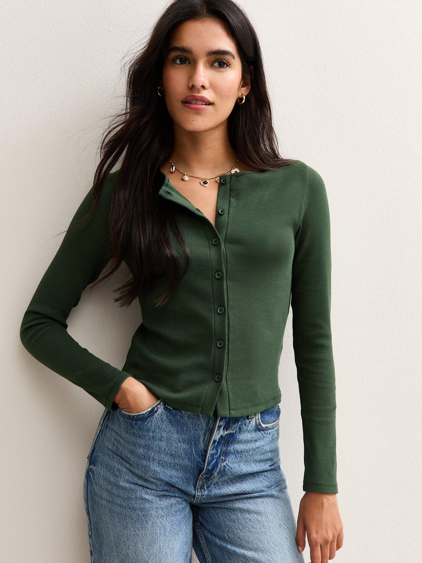 undefined Ribbed Jersey Long Sleeve Cardigan - Green