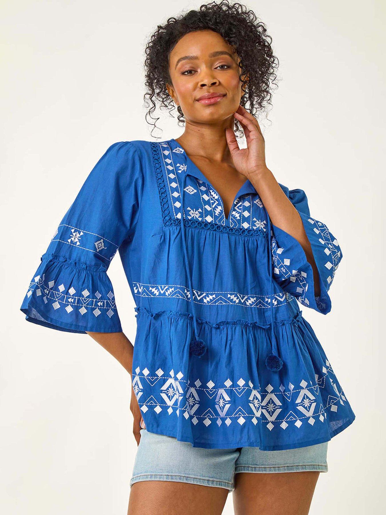 undefined Petite Contrast Print Pom Pom Top - Blue
