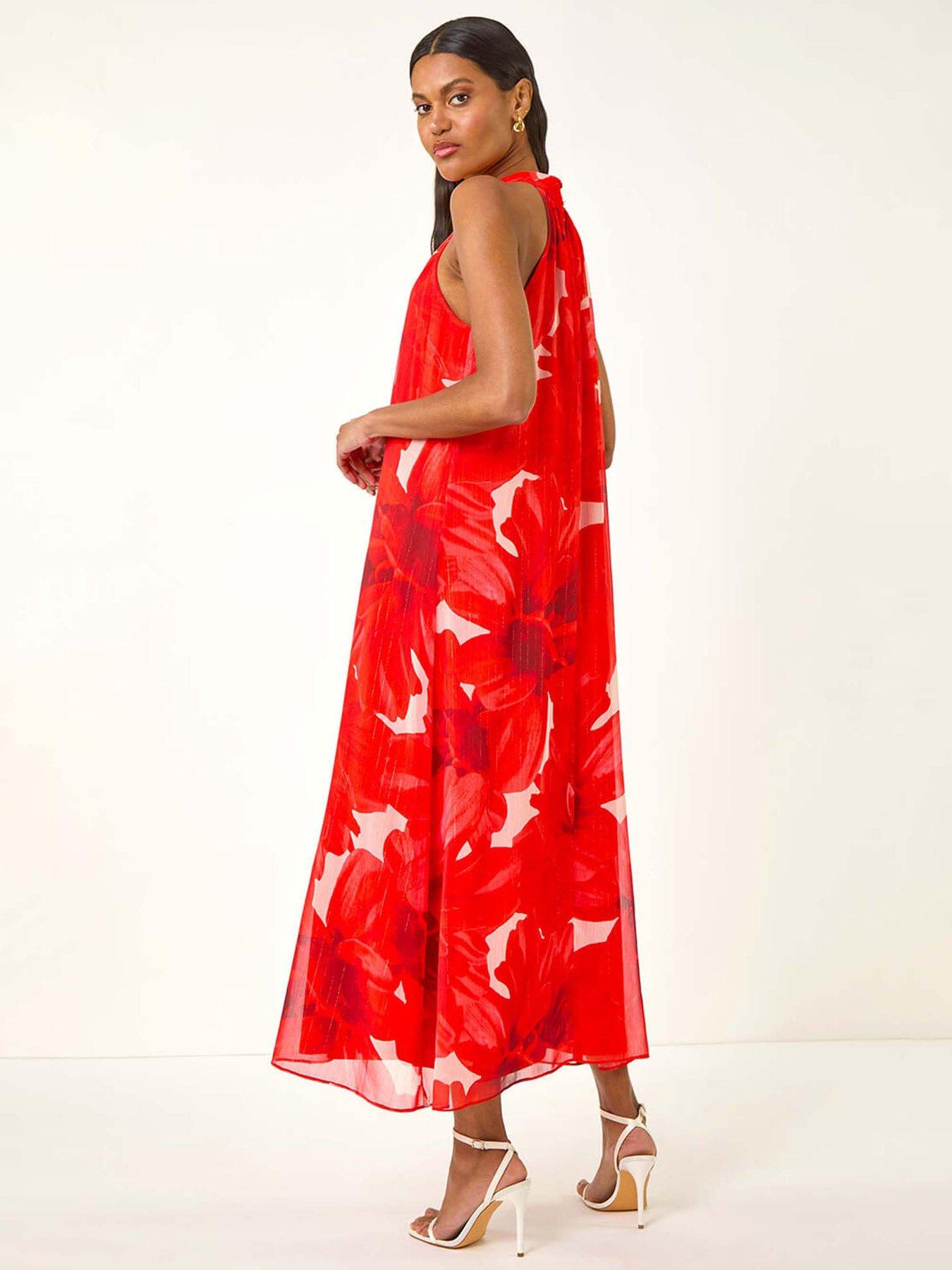 Image 2 of 5 of Roman Floral Halterneck Midi Dress - Red