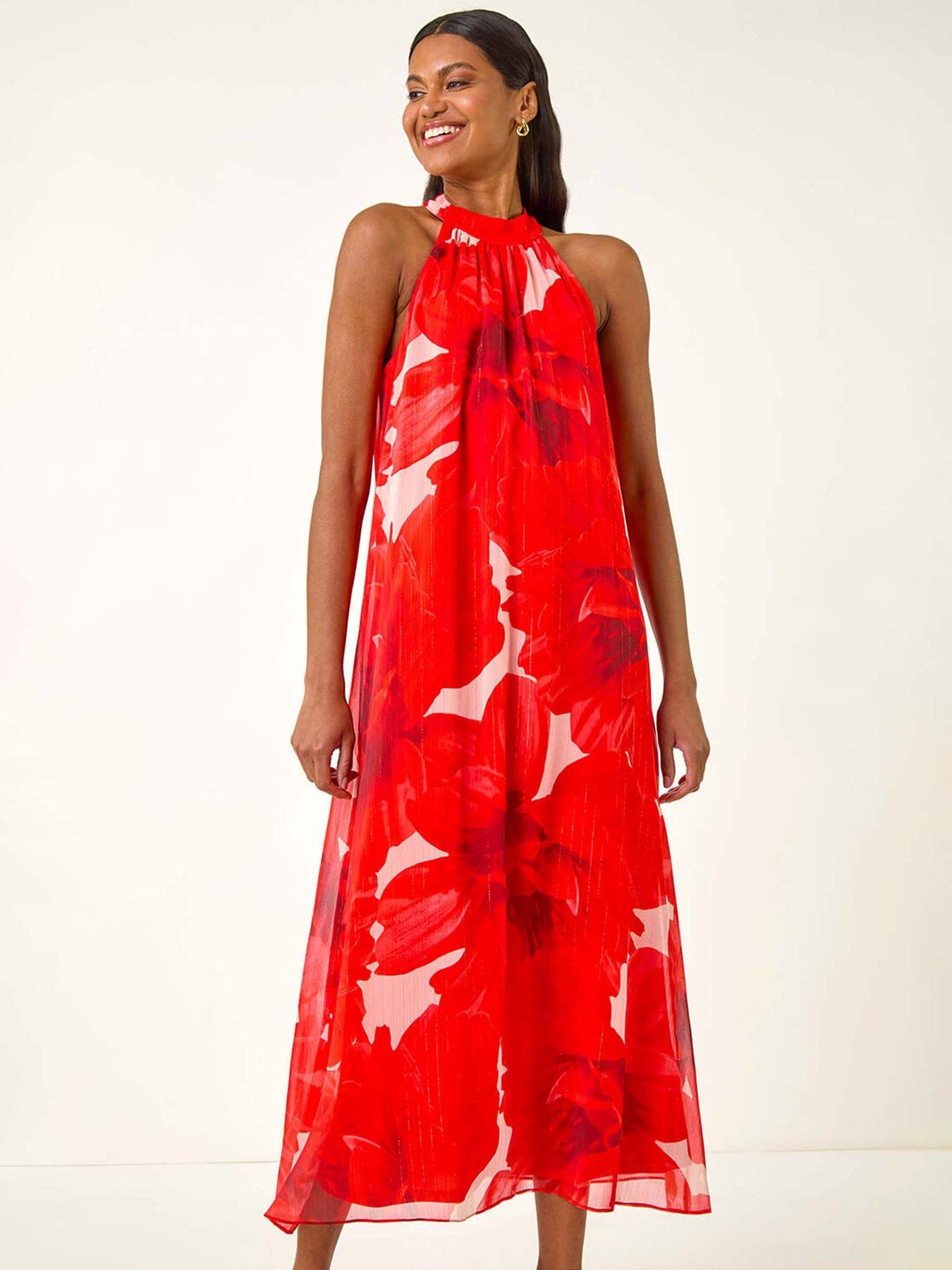 Image 3 of 5 of Roman Floral Halterneck Midi Dress - Red
