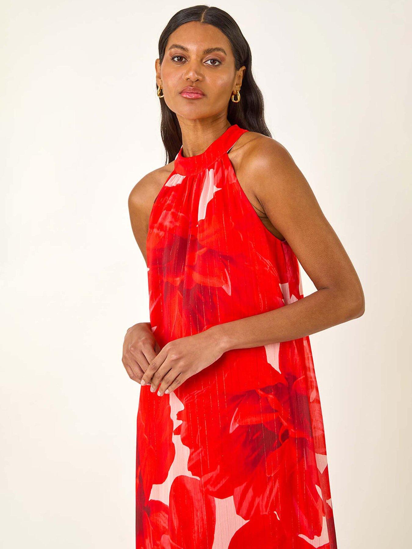 Image 4 of 5 of Roman Floral Halterneck Midi Dress - Red