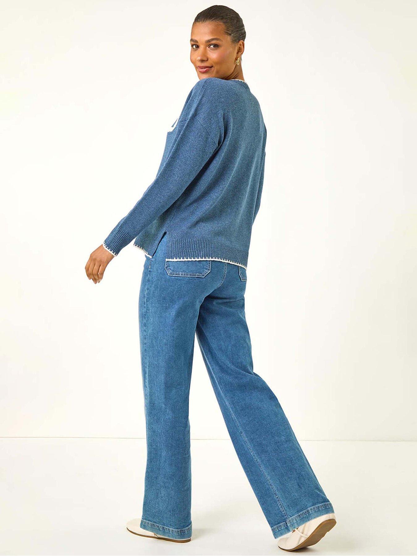  image of roman-contrast-stitch-bow-knit-jumper-blue