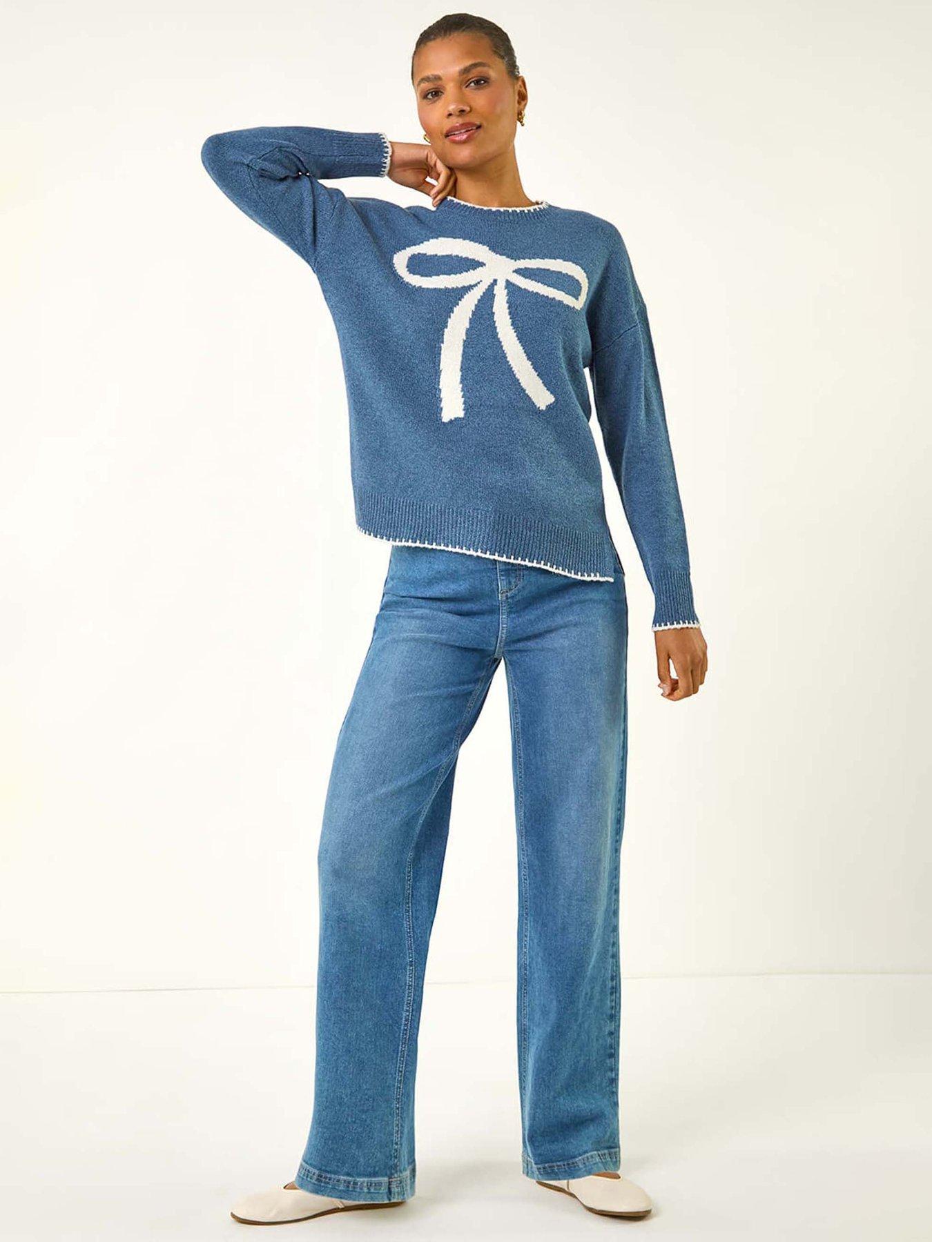  image of roman-contrast-stitch-bow-knit-jumper-blue