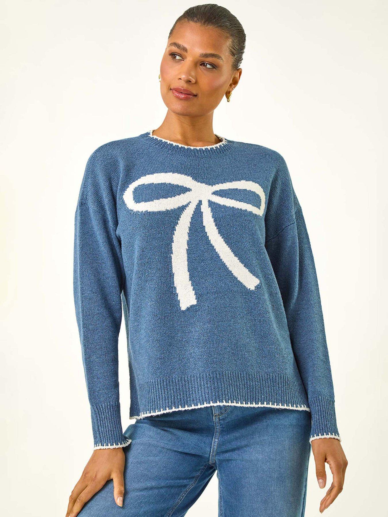  image of roman-contrast-stitch-bow-knit-jumper-blue