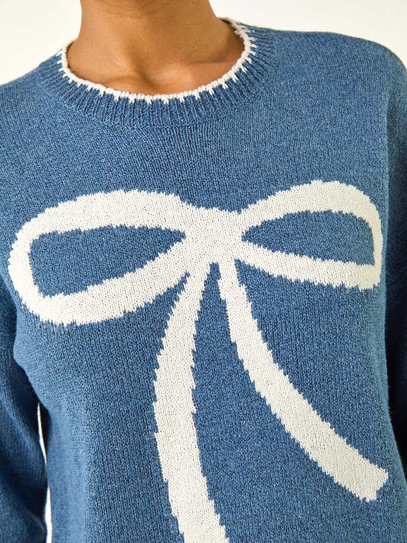  image of roman-contrast-stitch-bow-knit-jumper-blue