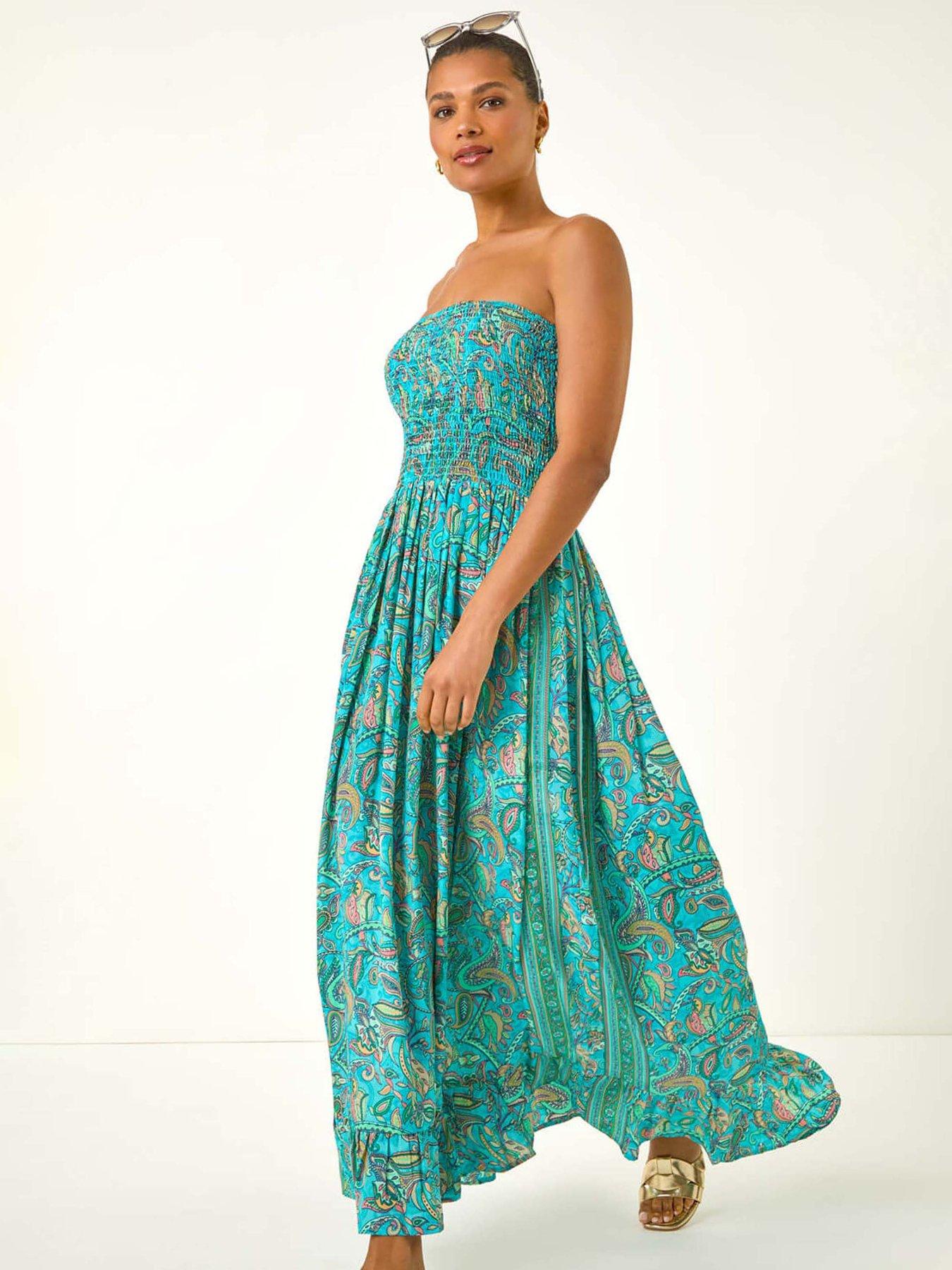Roman Floral Print Bardot Shirred Midi Dress - Blue