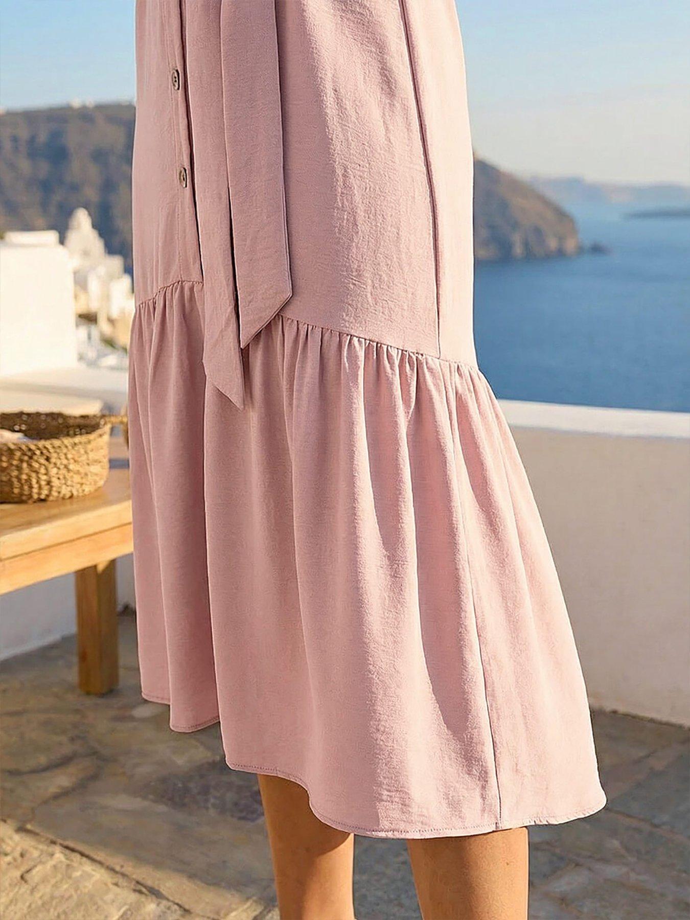 Image 4 of 4 of Roman V-Neck Buttoned Tie Waist Midi Dress - Light Pink
