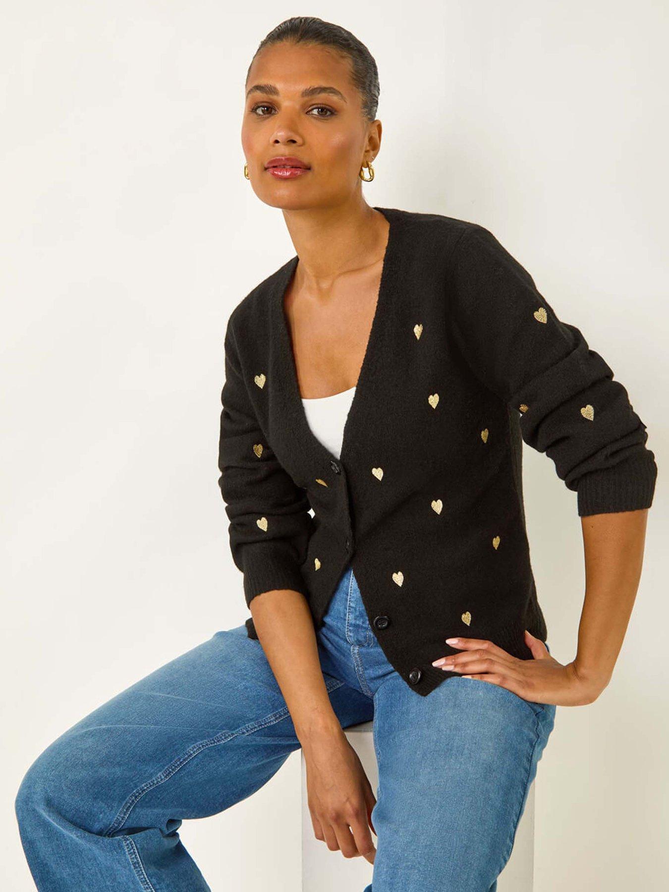 undefined Embroidered Heart Knit Cardigan - Black