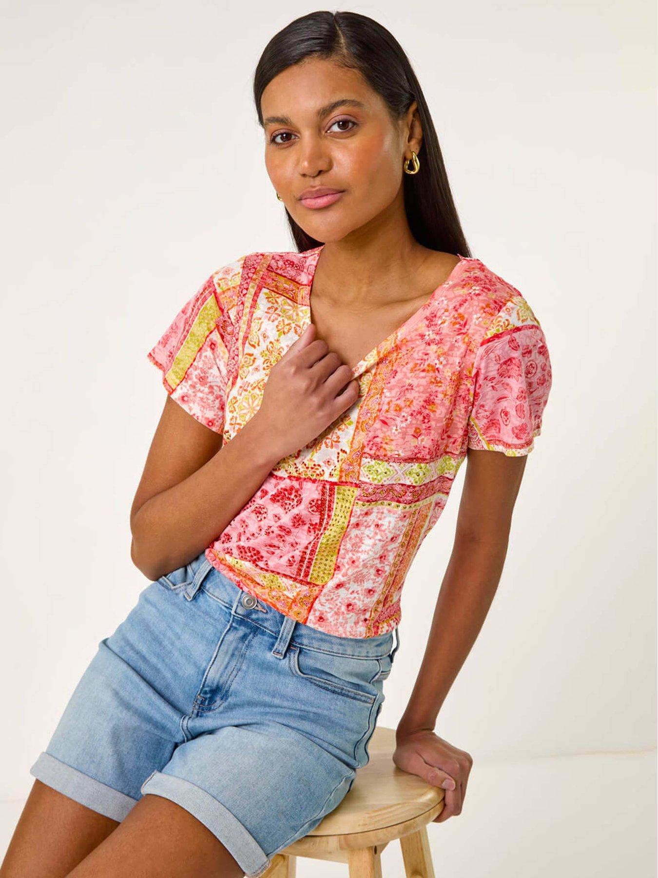 Image 1 of 5 of Roman Contrast Print Stretch Top - Pink
