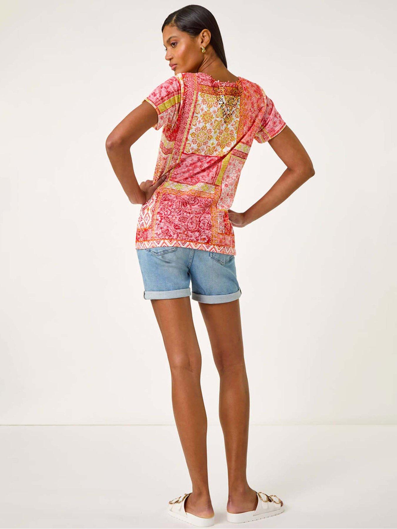 Image 2 of 5 of Roman Contrast Print Stretch Top - Pink