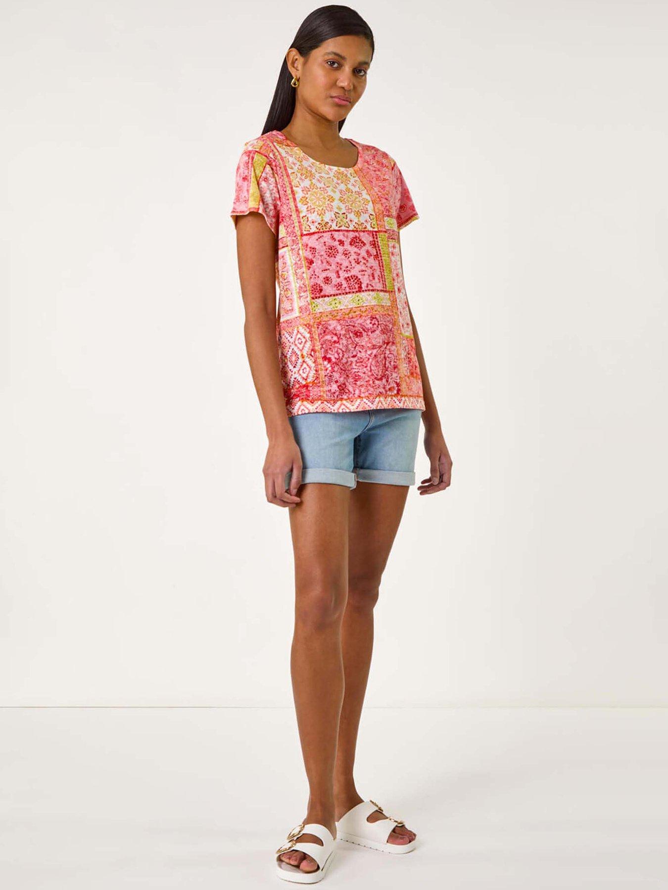 Image 3 of 5 of Roman Contrast Print Stretch Top - Pink
