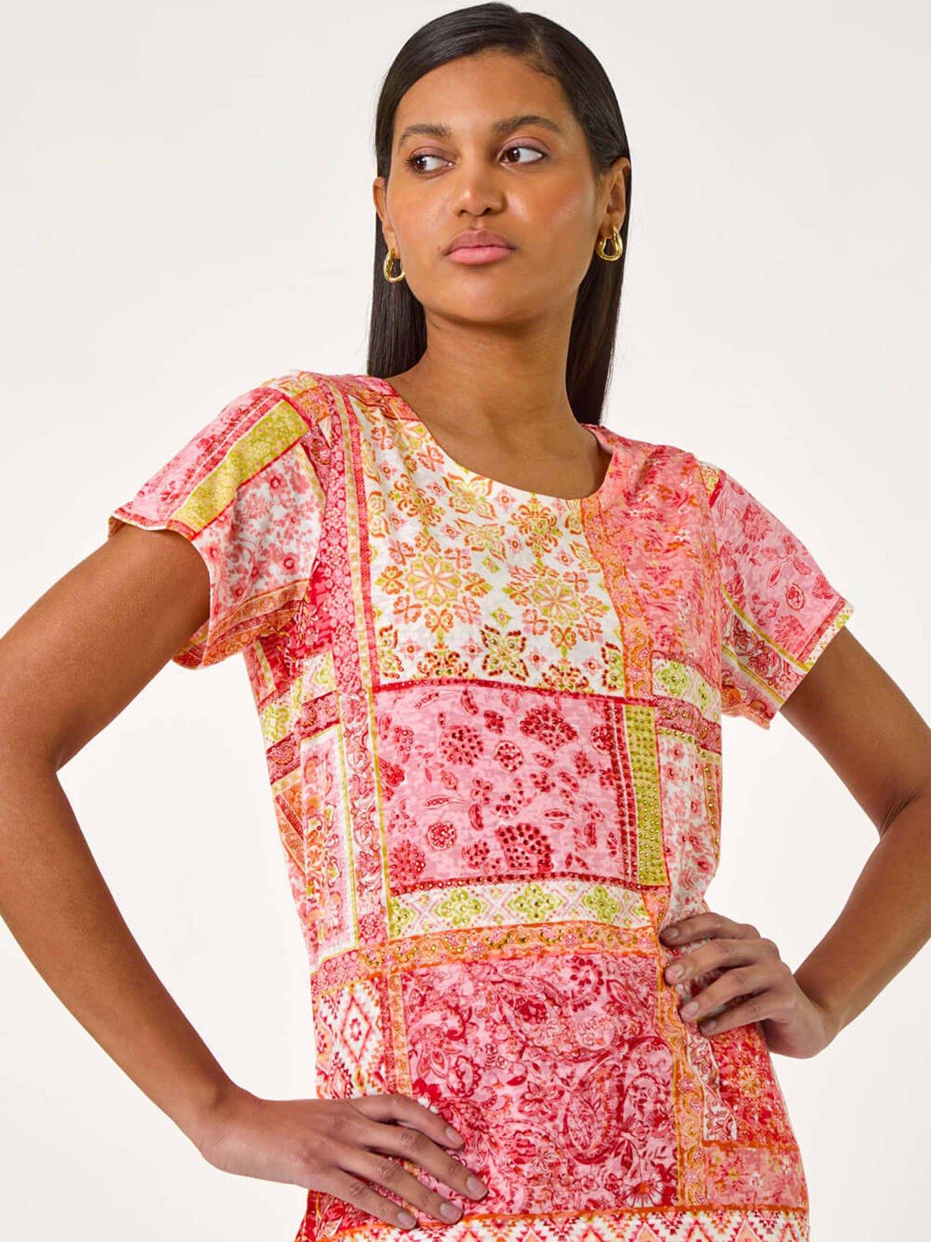 Image 4 of 5 of Roman Contrast Print Stretch Top - Pink