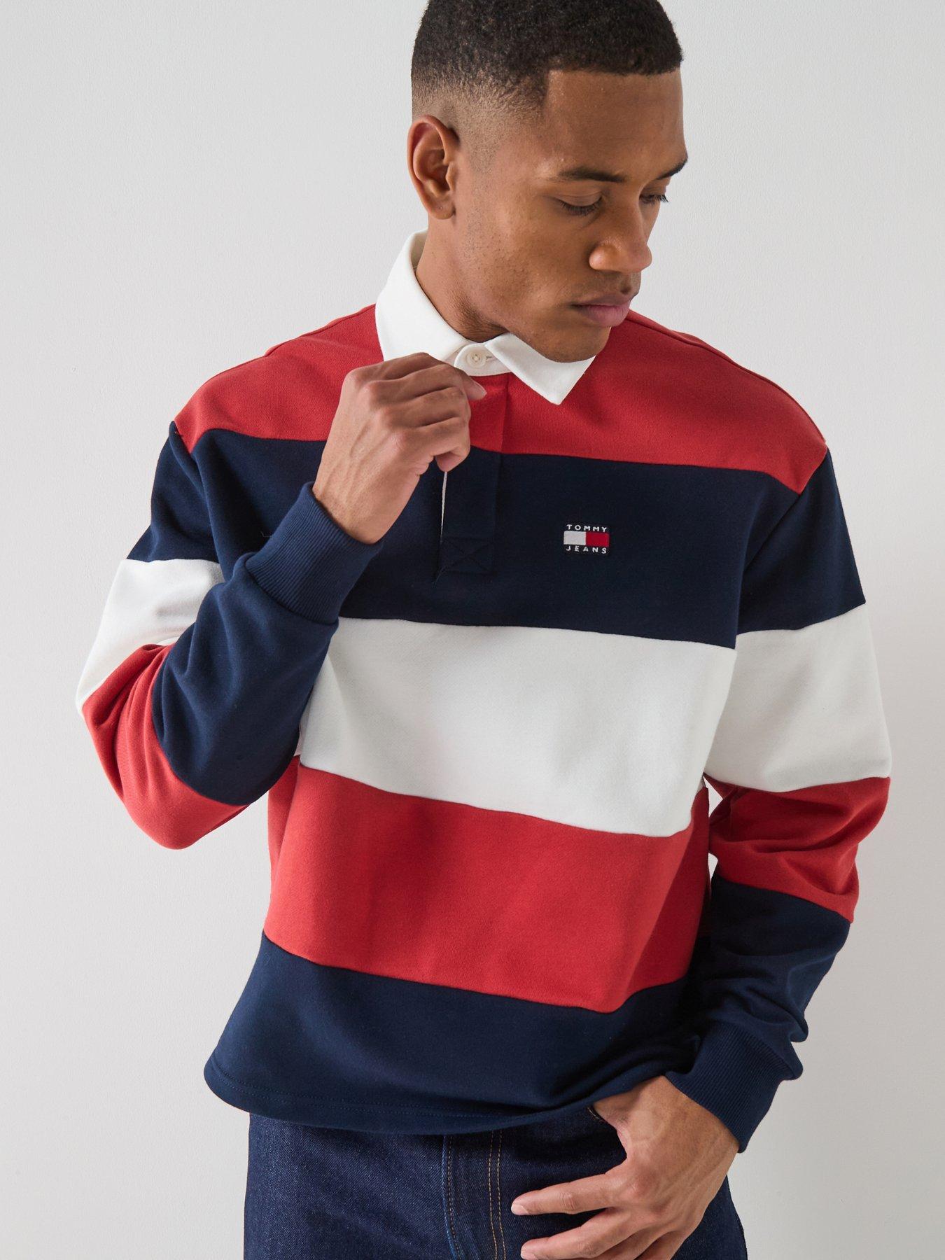 Tommy Jeans Relaxed Fit Badge Stripe Jersey Rugby Polo Shirt - Red