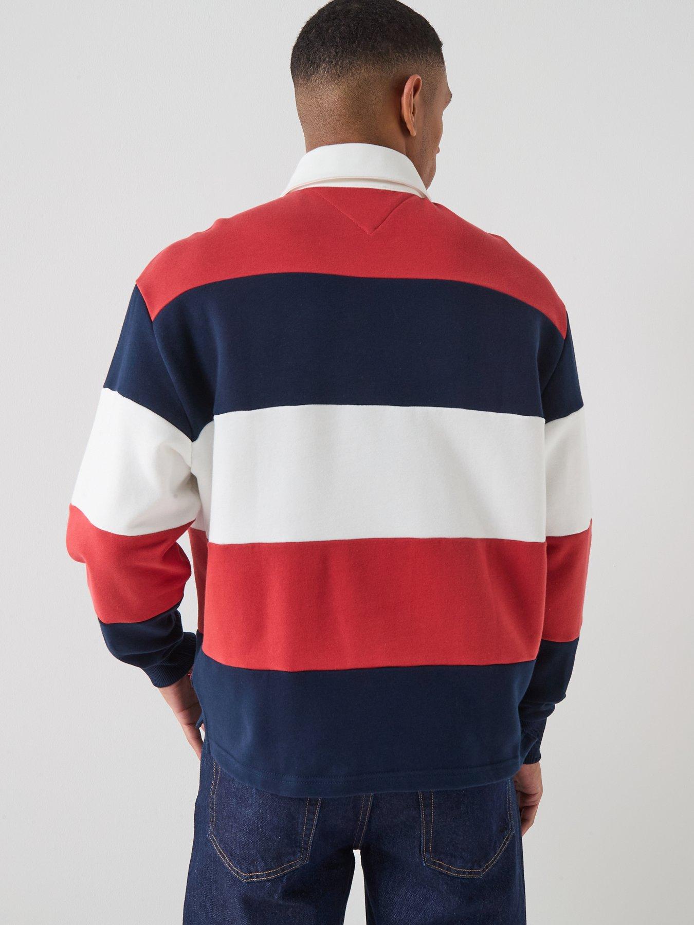 Image 2 of 6 of Tommy Jeans Relaxed Fit Badge Stripe Jersey Rugby Polo Shirt - Red
