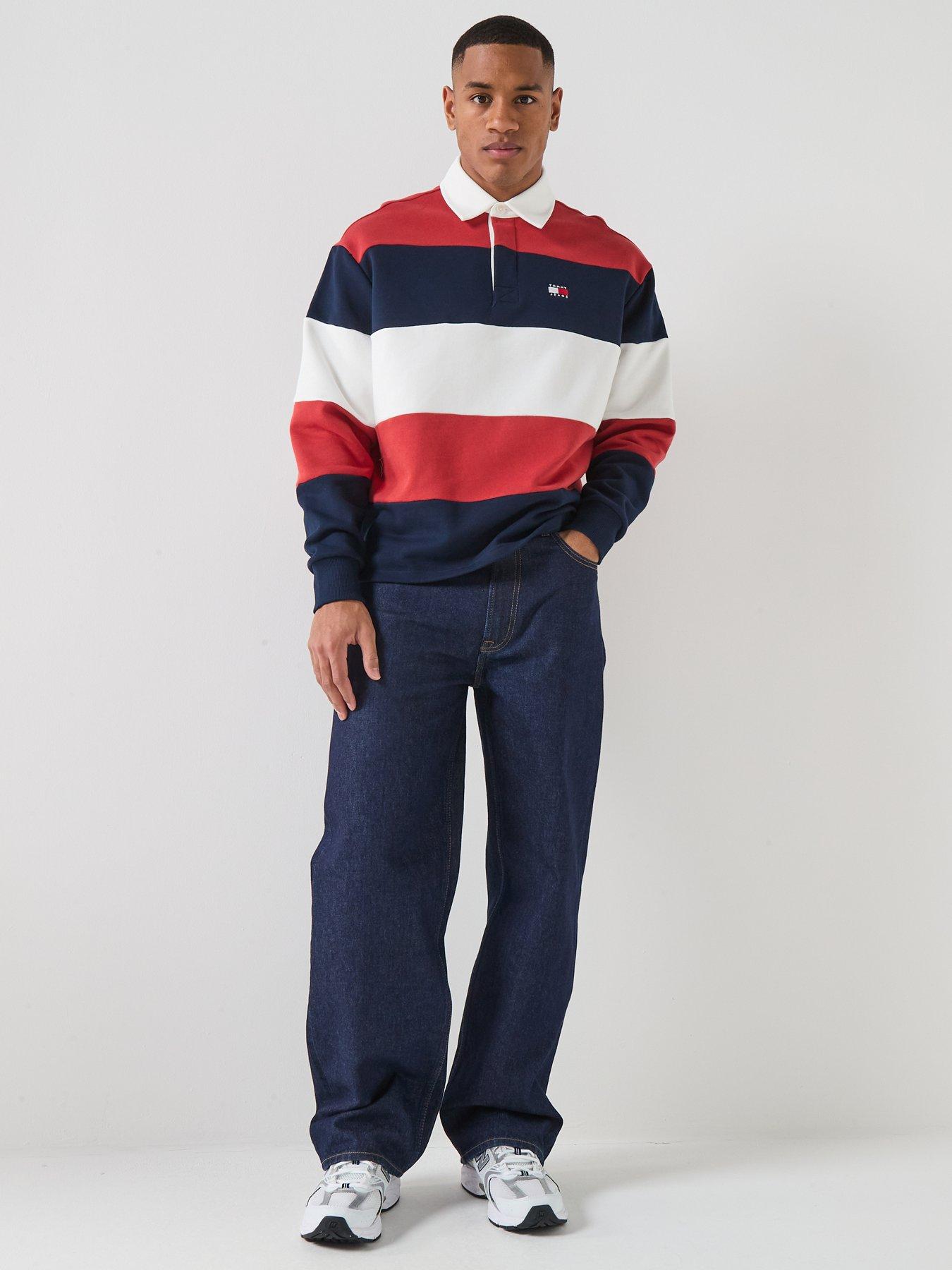 Image 3 of 6 of Tommy Jeans Relaxed Fit Badge Stripe Jersey Rugby Polo Shirt - Red
