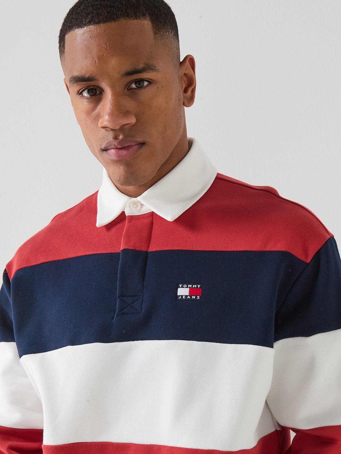 Image 4 of 6 of Tommy Jeans Relaxed Fit Badge Stripe Jersey Rugby Polo Shirt - Red