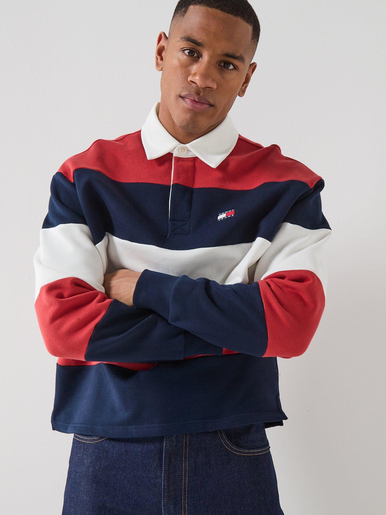 Image 5 of 6 of Tommy Jeans Relaxed Fit Badge Stripe Jersey Rugby Polo Shirt - Red