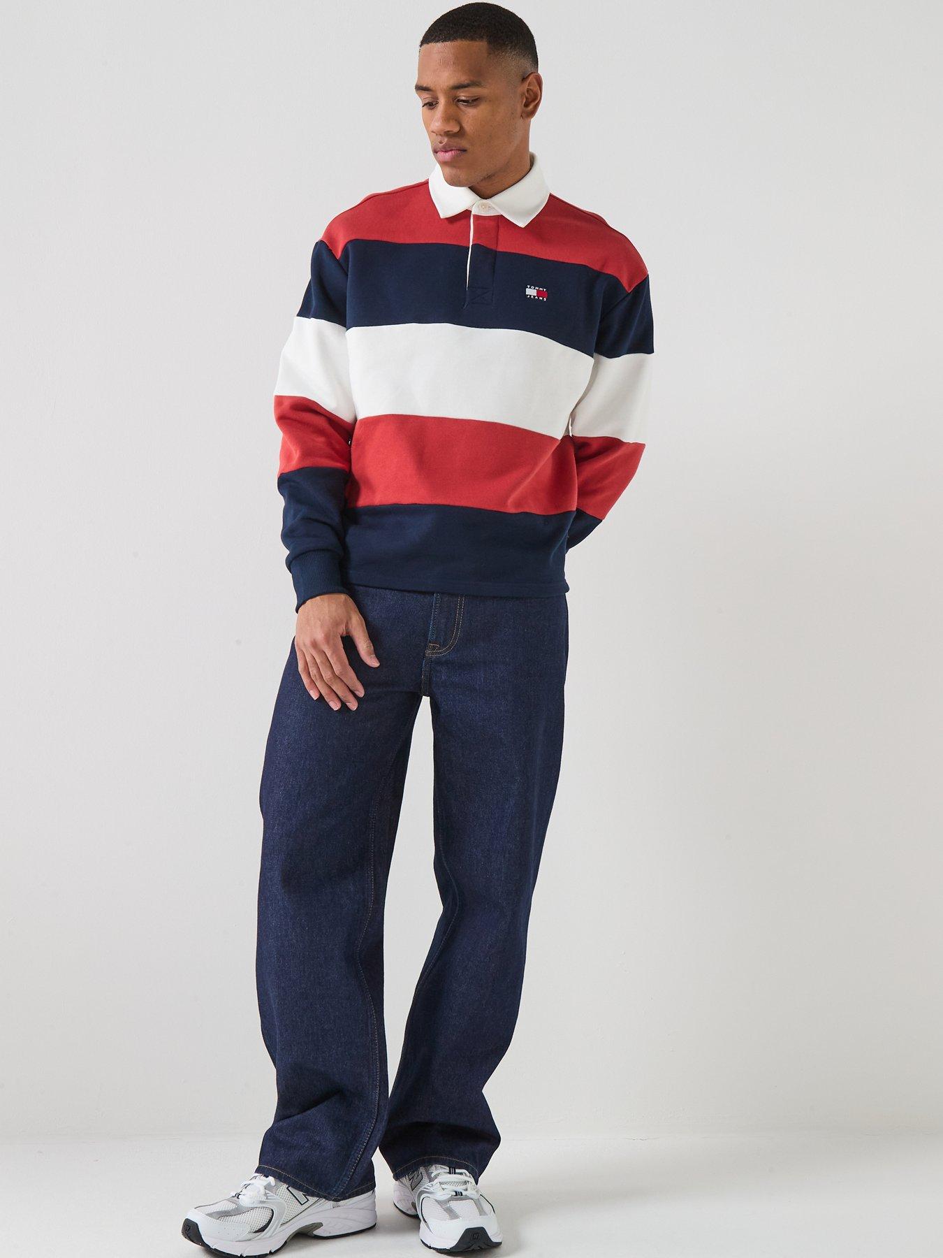 Image 6 of 6 of Tommy Jeans Relaxed Fit Badge Stripe Jersey Rugby Polo Shirt - Red