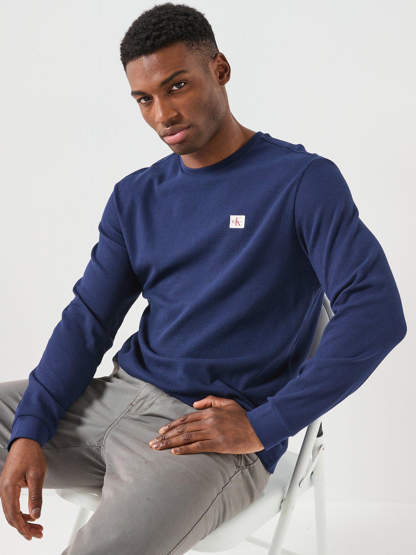 image of calvin-klein-jeans-long-sleeve-waffle-badge-t-shirt-navy