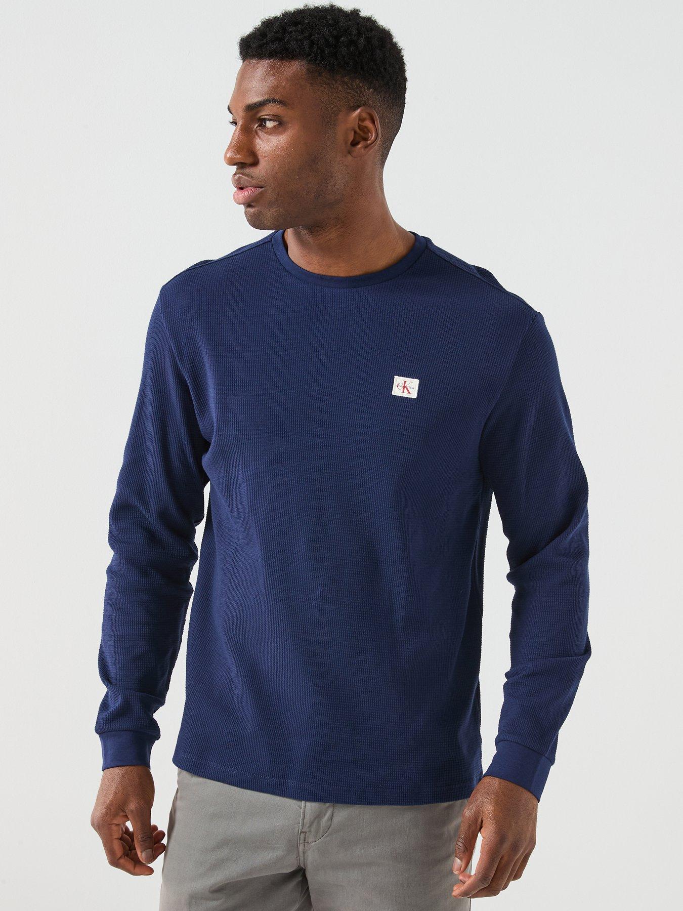  image of calvin-klein-jeans-long-sleeve-waffle-badge-t-shirt-navy