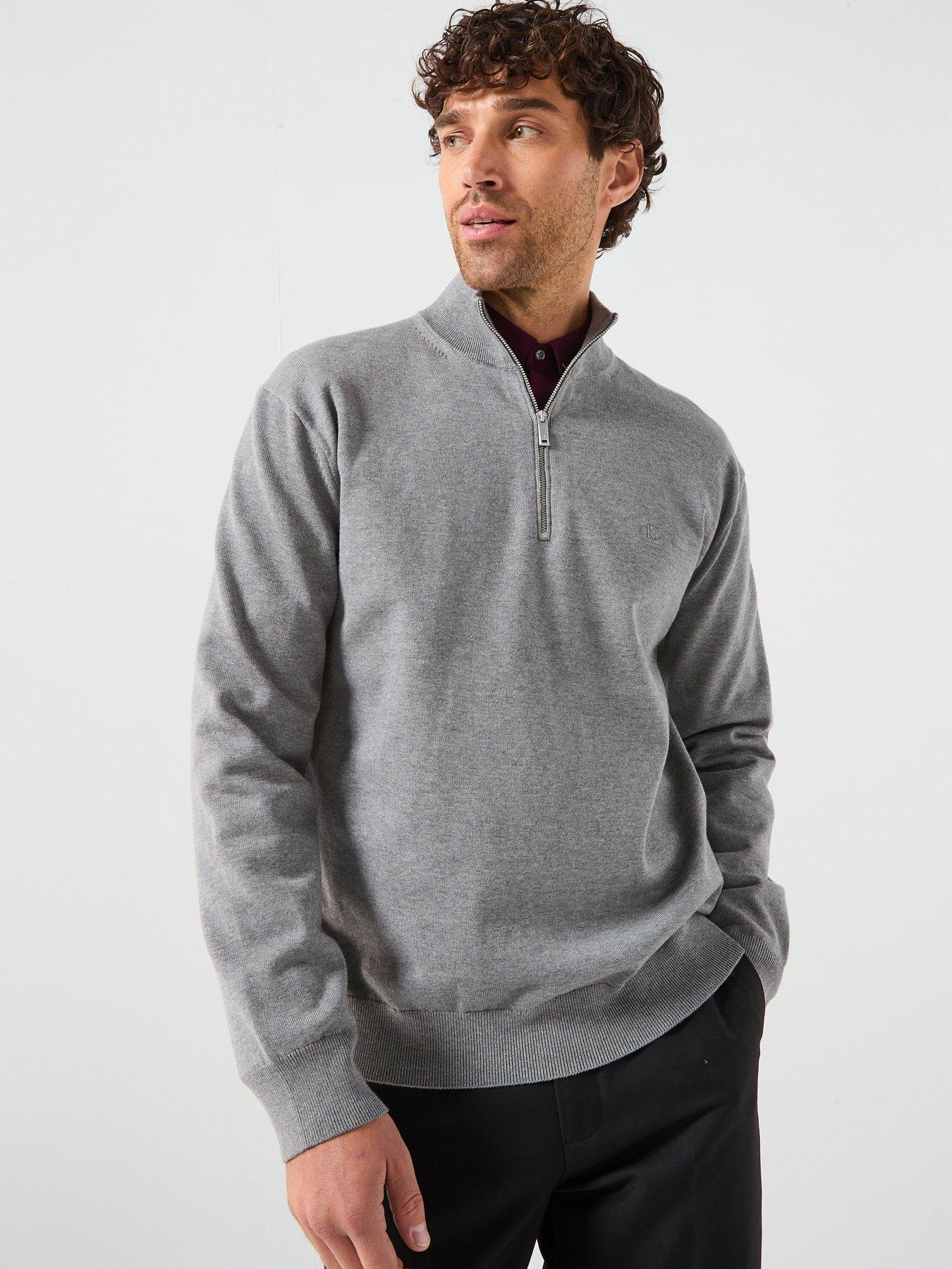 front image of calvin-klein-supima-14-zip-knitted-jumper-grey