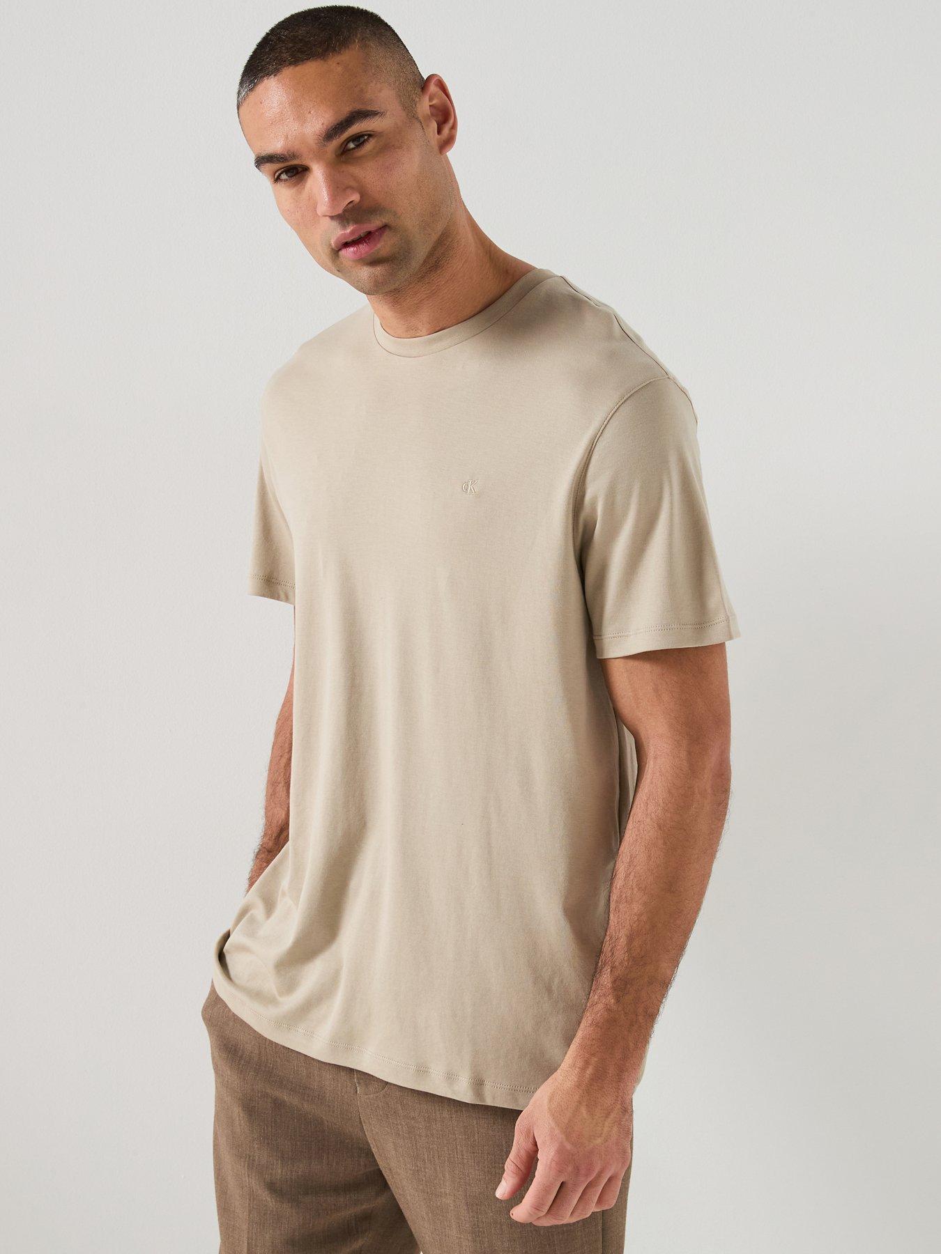 Image 1 of 6 of Calvin Klein Supima Chest Embroidered Logo T-Shirt - Beige