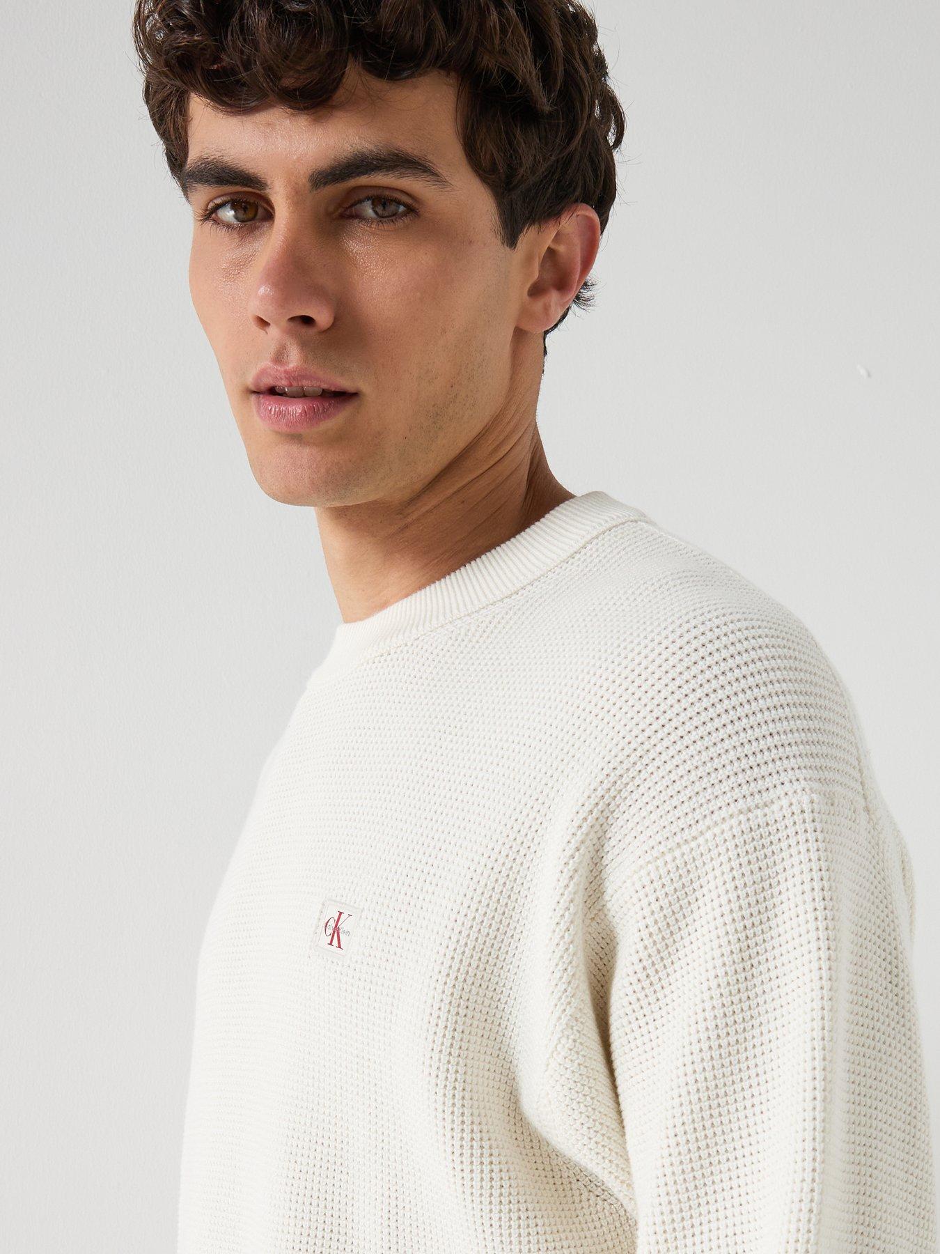  image of calvin-klein-jeans-cotton-waffle-knitted-jumper-cream