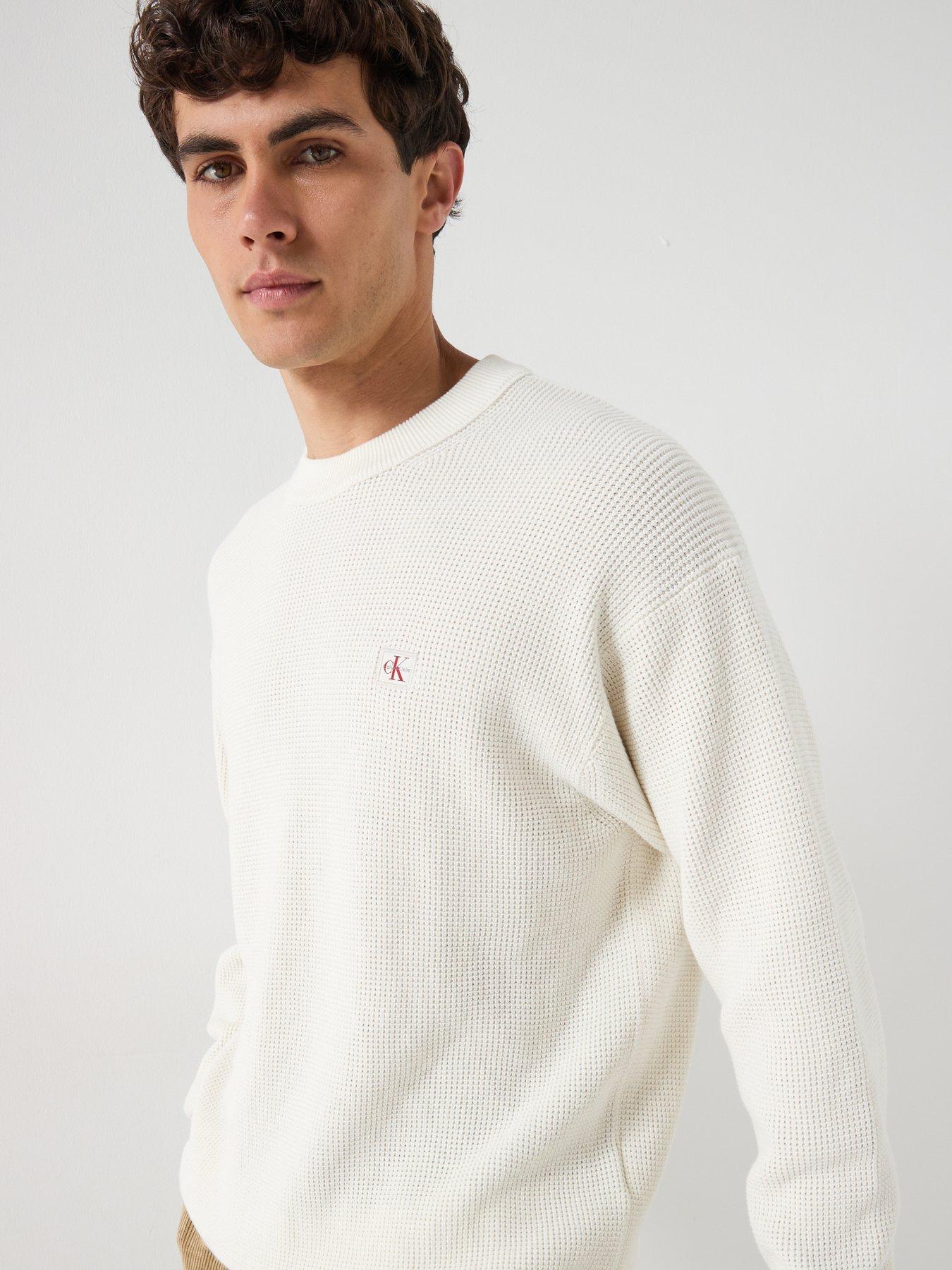  image of calvin-klein-jeans-cotton-waffle-knitted-jumper-cream