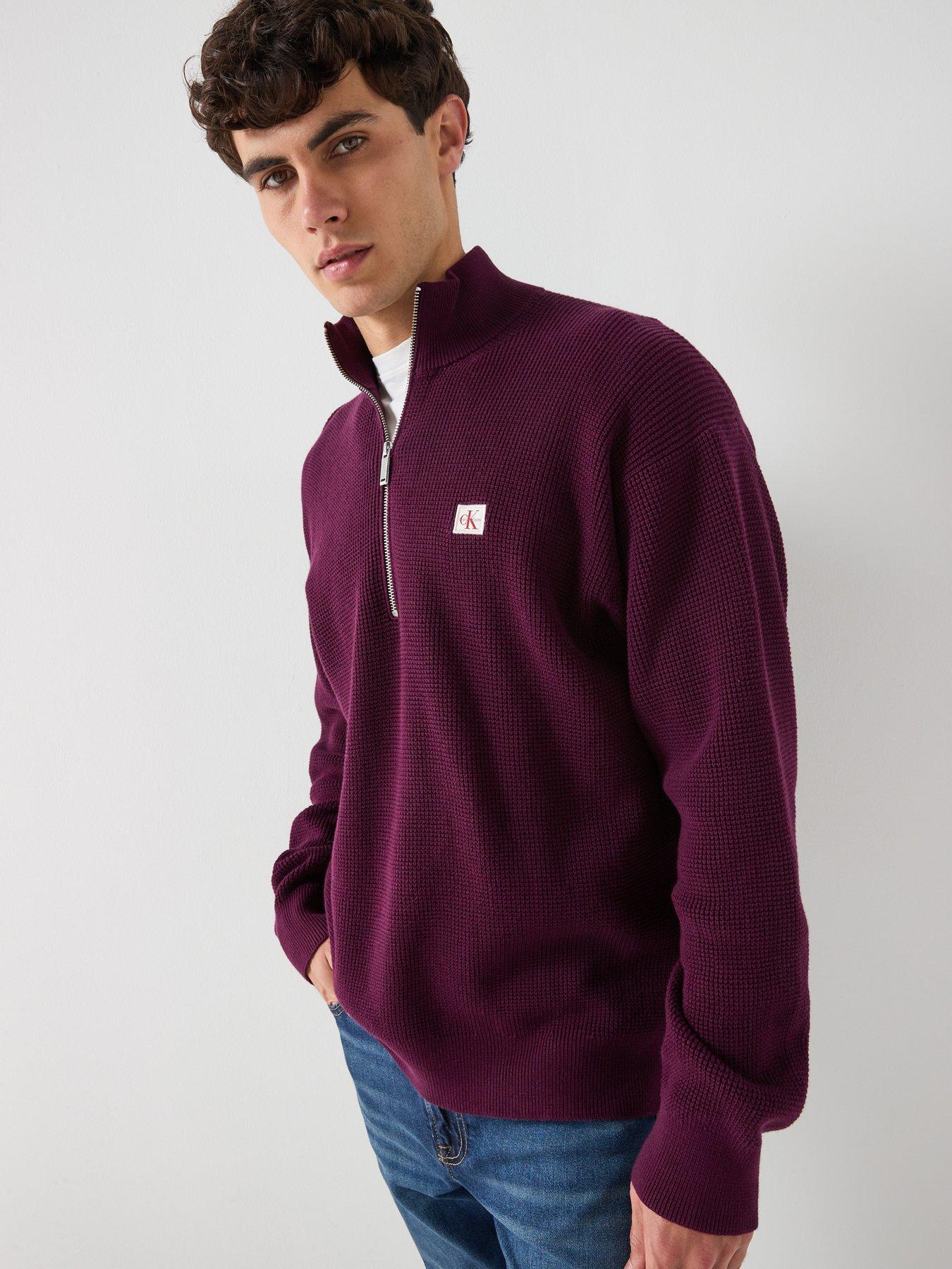 calvin-klein-jeans-cotton-waffle-14-zip-knitted-jumper-purple