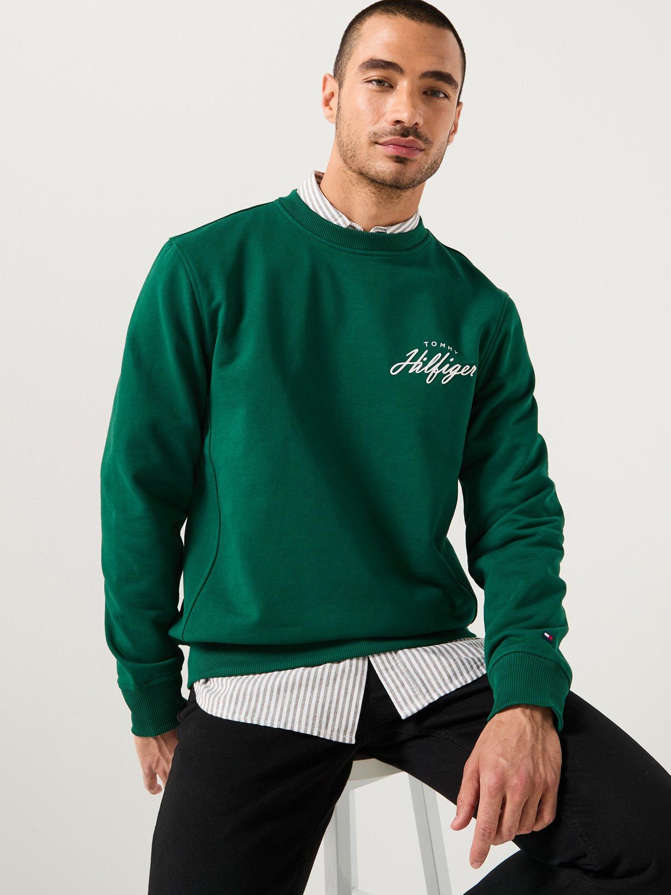 front image of tommy-hilfiger-modern-athleisure-left-chest-script-crew-sweatshirt-dark-green