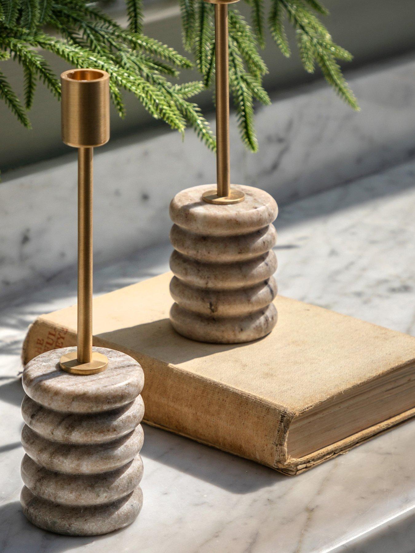 Image 1 of 6 of Gallery Direct Set Of 2 Beige Marble Candle Sticks With Brushed Gold Holder
