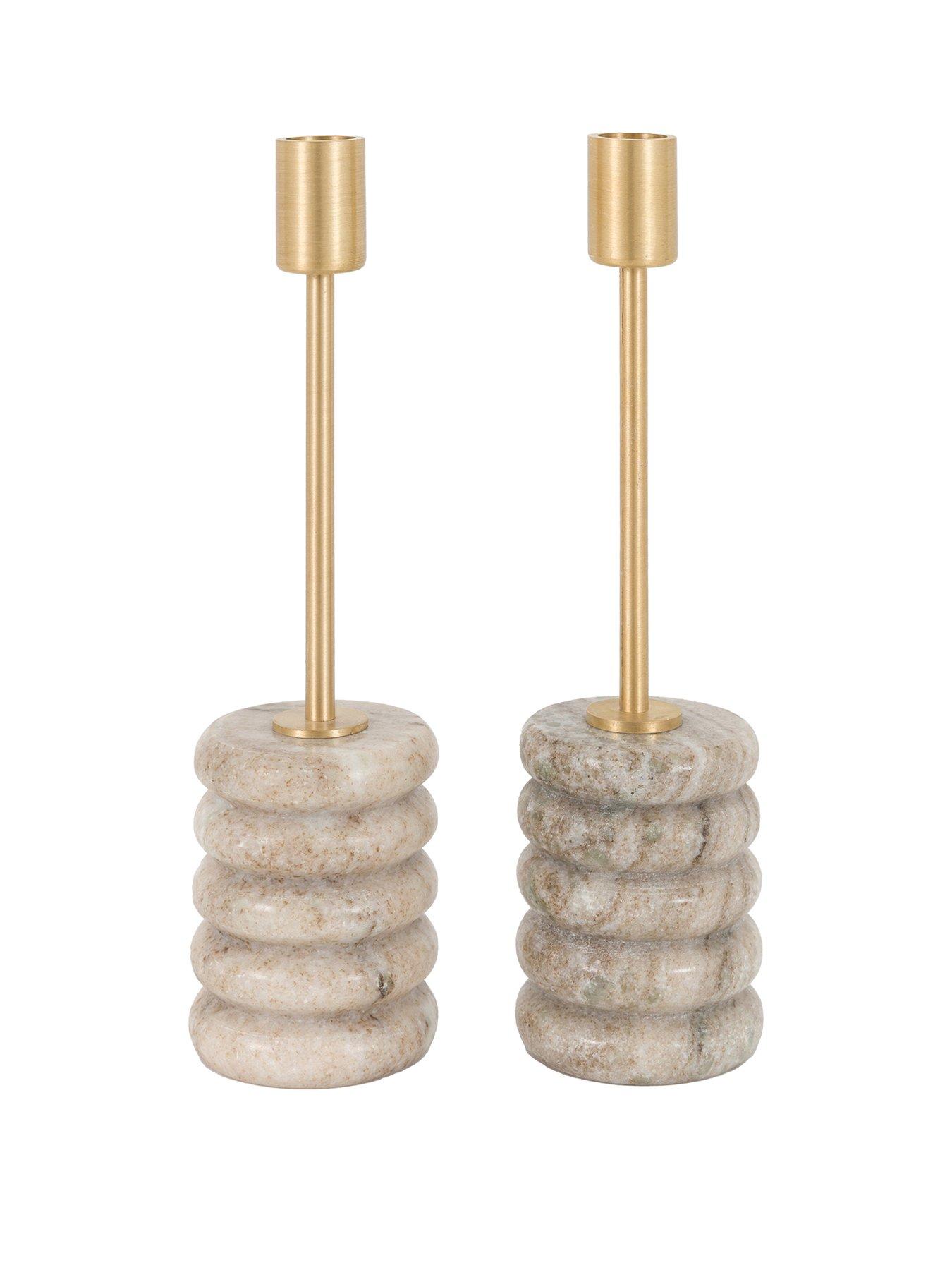 Image 2 of 6 of Gallery Direct Set Of 2 Beige Marble Candle Sticks With Brushed Gold Holder