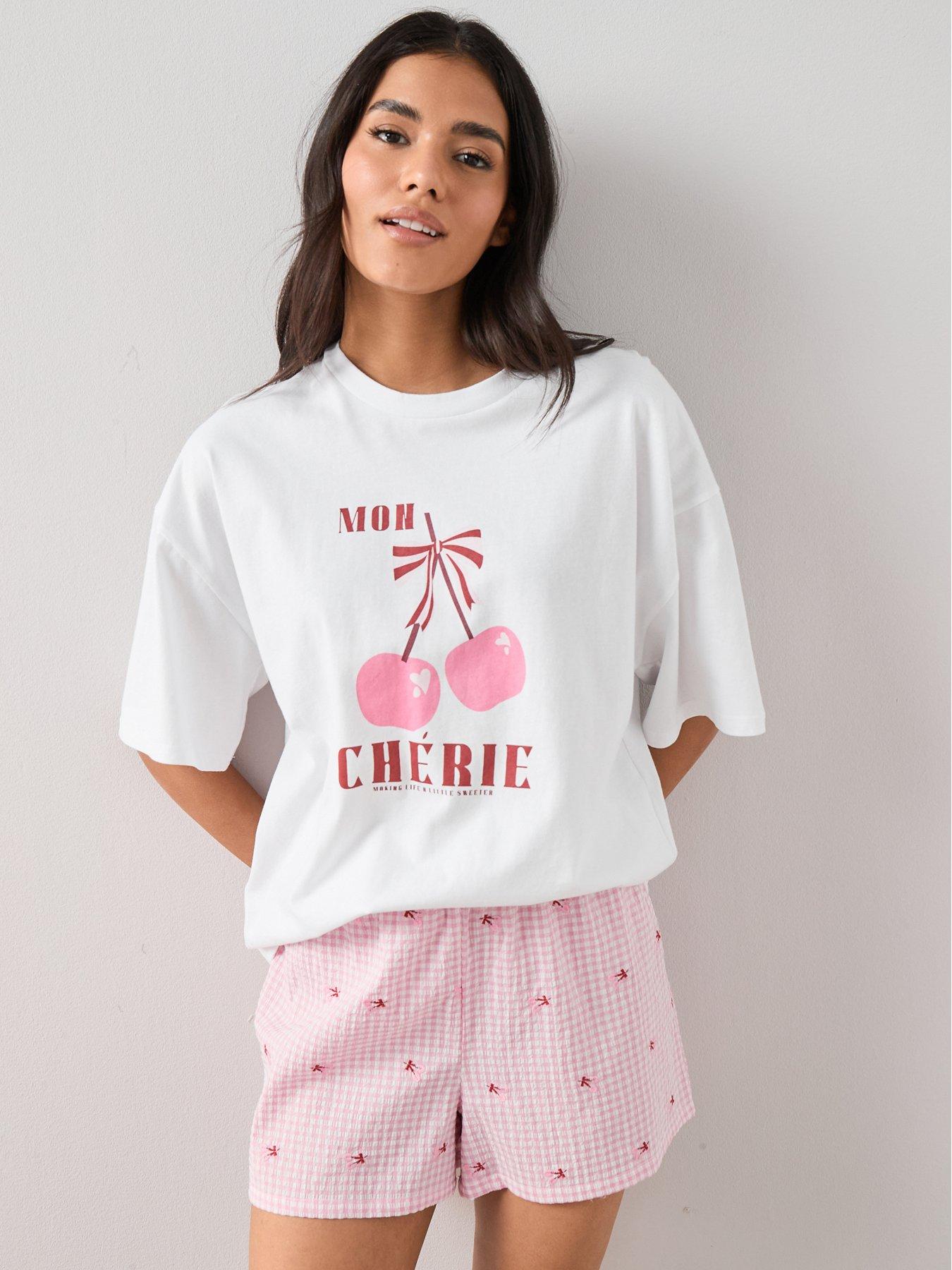 The Very Collection Short Sleeve Cherry Graphic Tshirt And Woven Short Pyjama Set - White