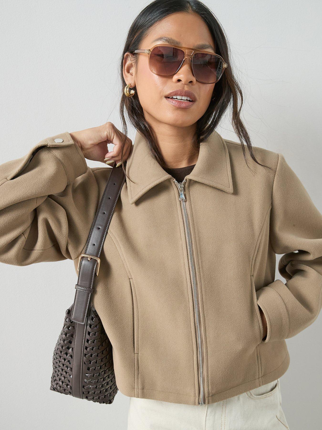 Image 4 of 7 of The Very Collection Faux Wool Bomber Jacket - Light Brown