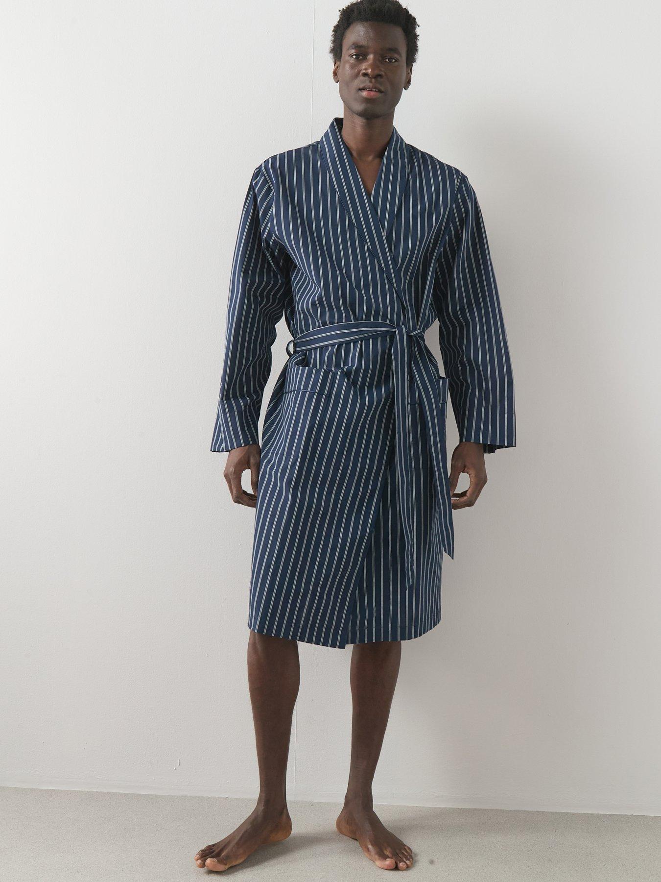 Image 1 of 6 of The Very Collection Pure Cotton Woven Striped Dressing Gown - Navy