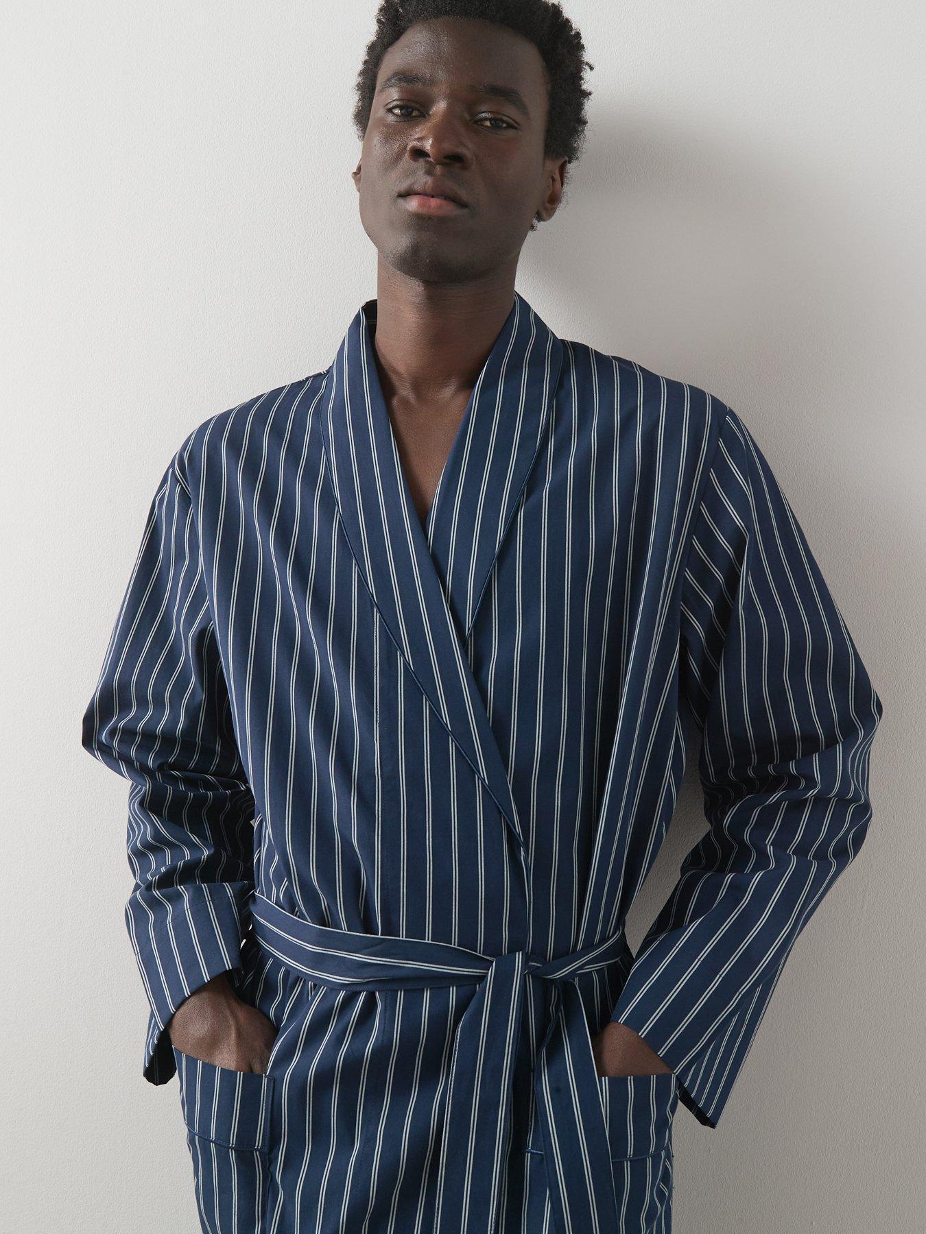Image 5 of 6 of The Very Collection Pure Cotton Woven Striped Dressing Gown - Navy