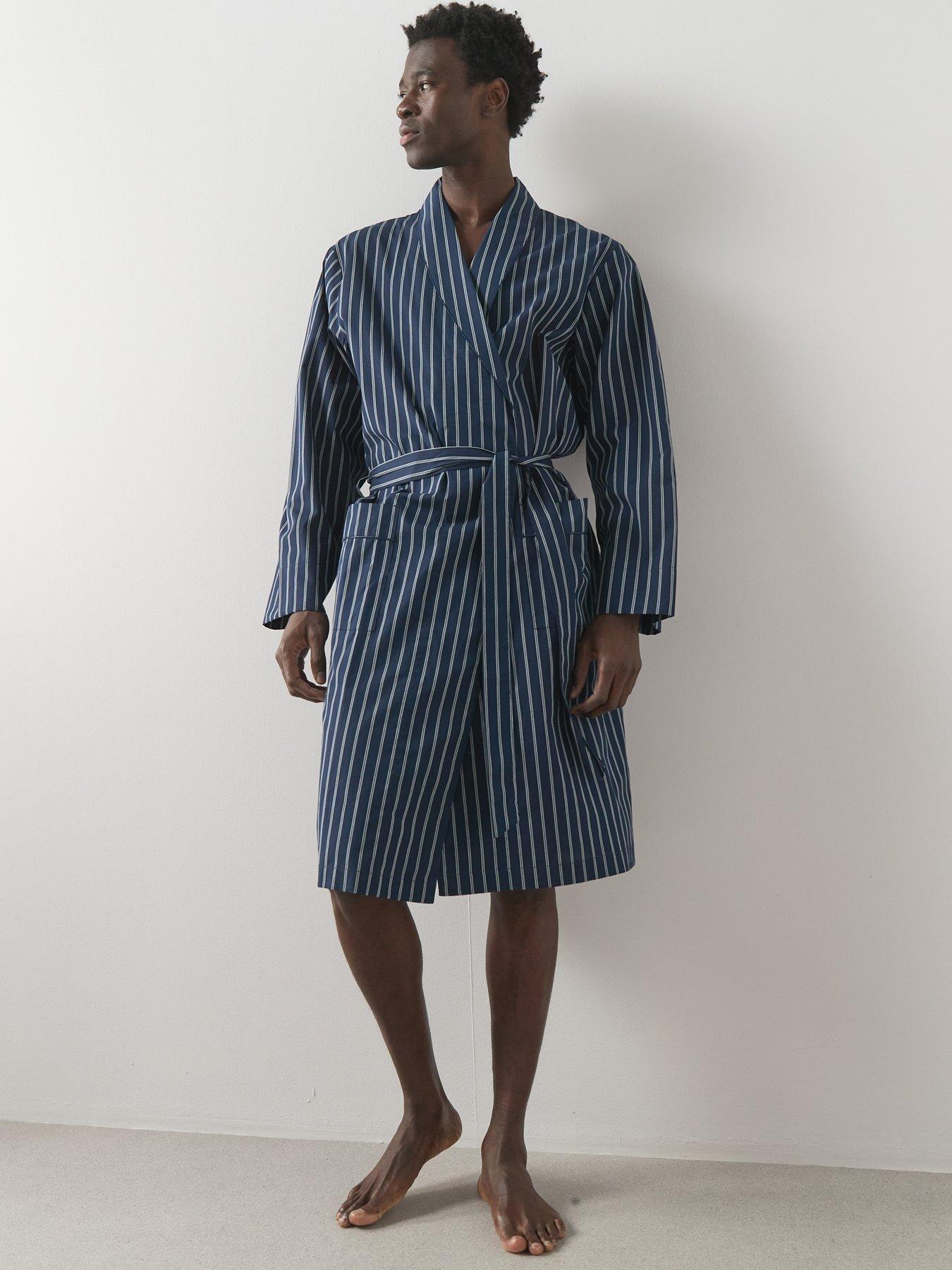 Image 6 of 6 of The Very Collection Pure Cotton Woven Striped Dressing Gown - Navy