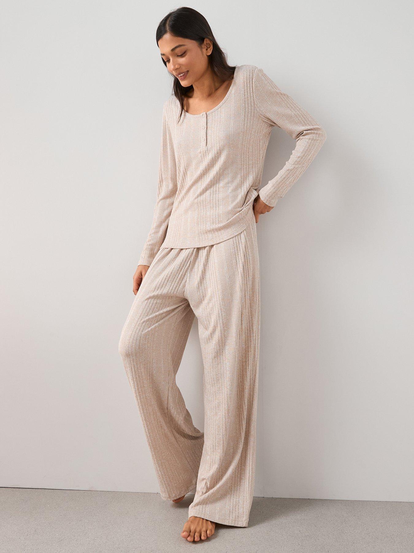 the-very-collection-ribbed-henley-long-sleeve-top-and-wide-leg-pyjama-set-beige