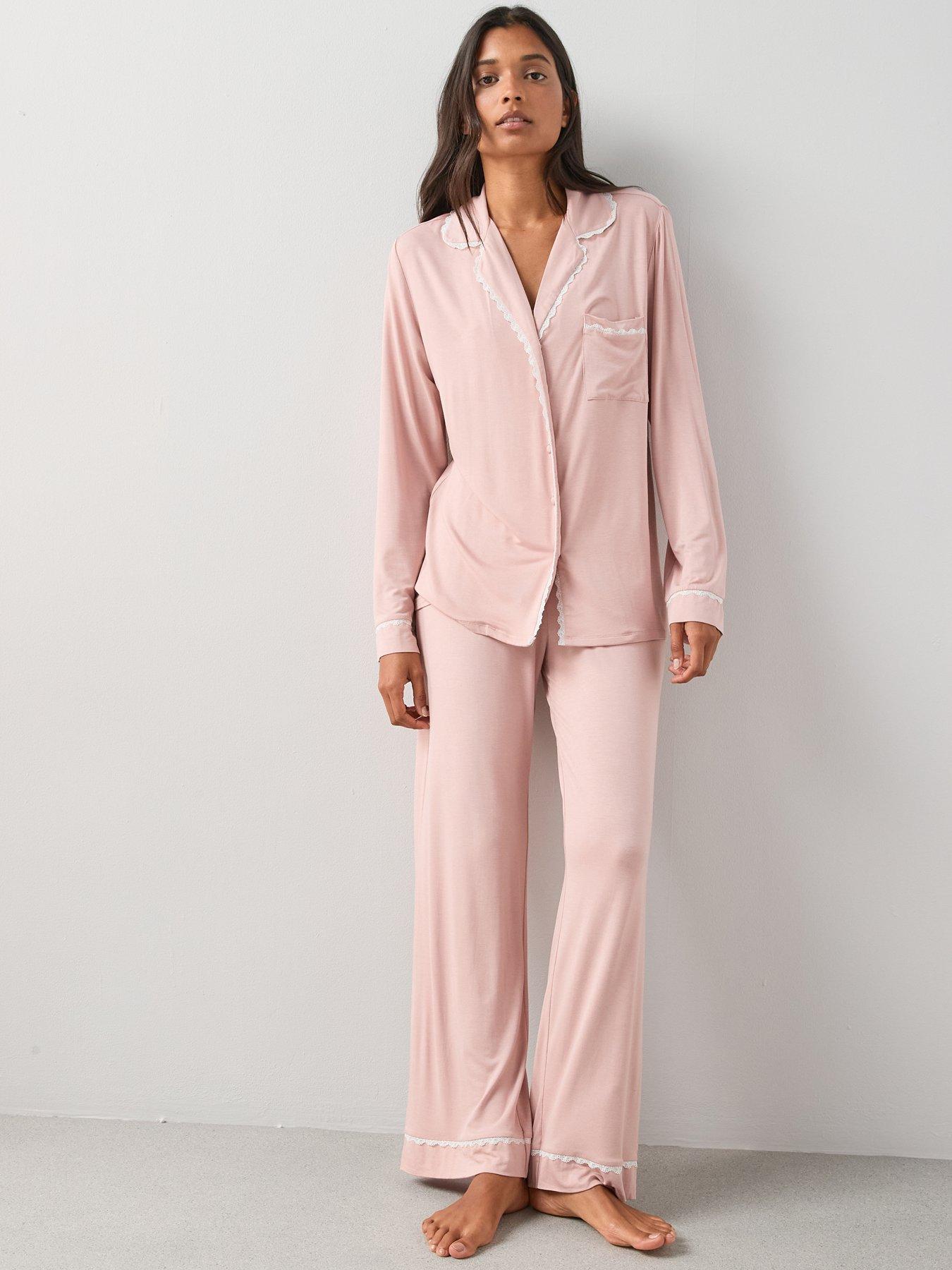 Image 1 of 7 of The Very Collection Lace Trim Jersey Revere Pyjama Set With Matching Scrunchie - Pink