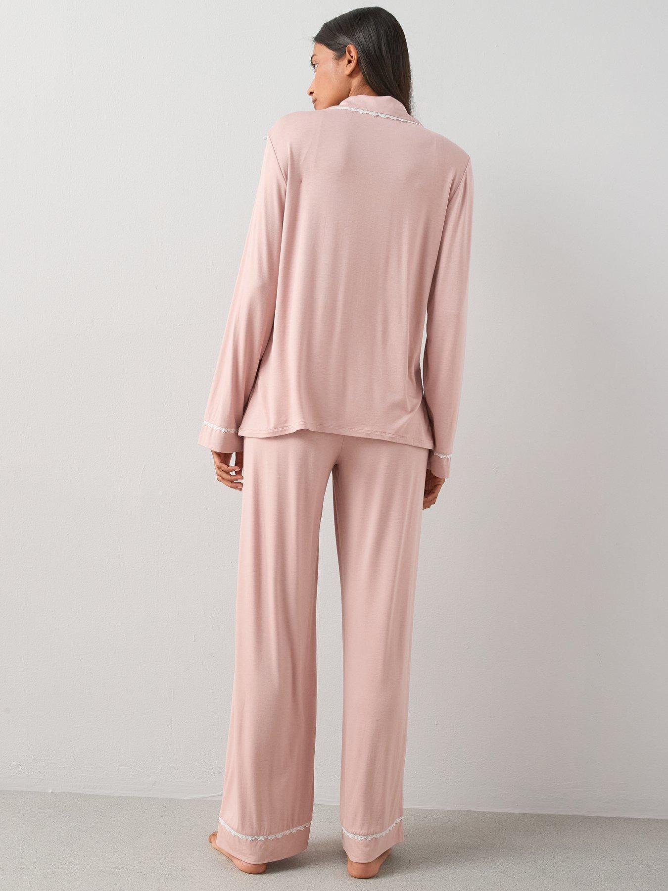 Image 2 of 7 of The Very Collection Lace Trim Jersey Revere Pyjama Set With Matching Scrunchie - Pink