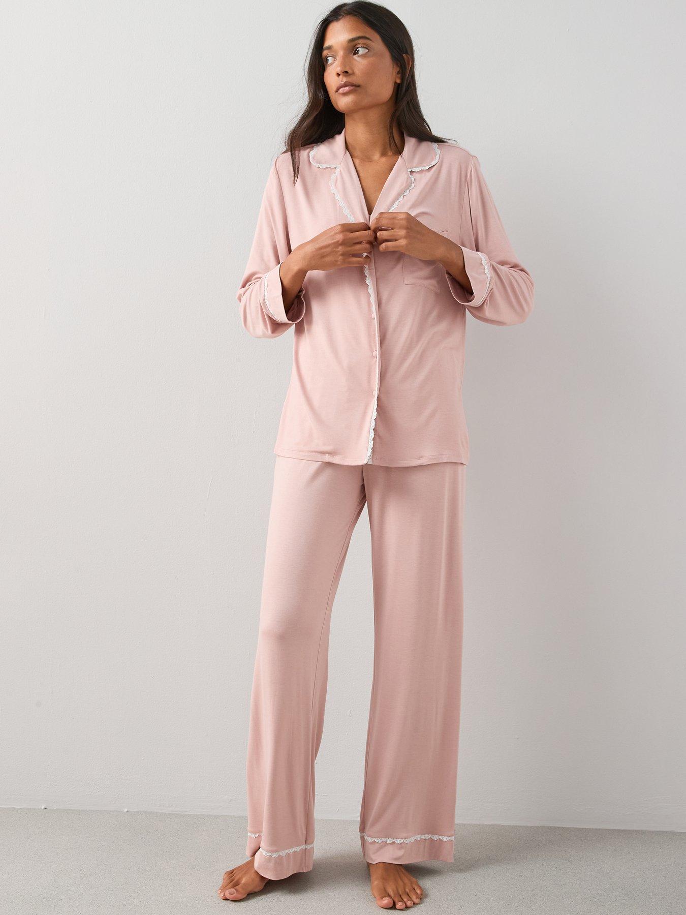 Image 3 of 7 of The Very Collection Lace Trim Jersey Revere Pyjama Set With Matching Scrunchie - Pink