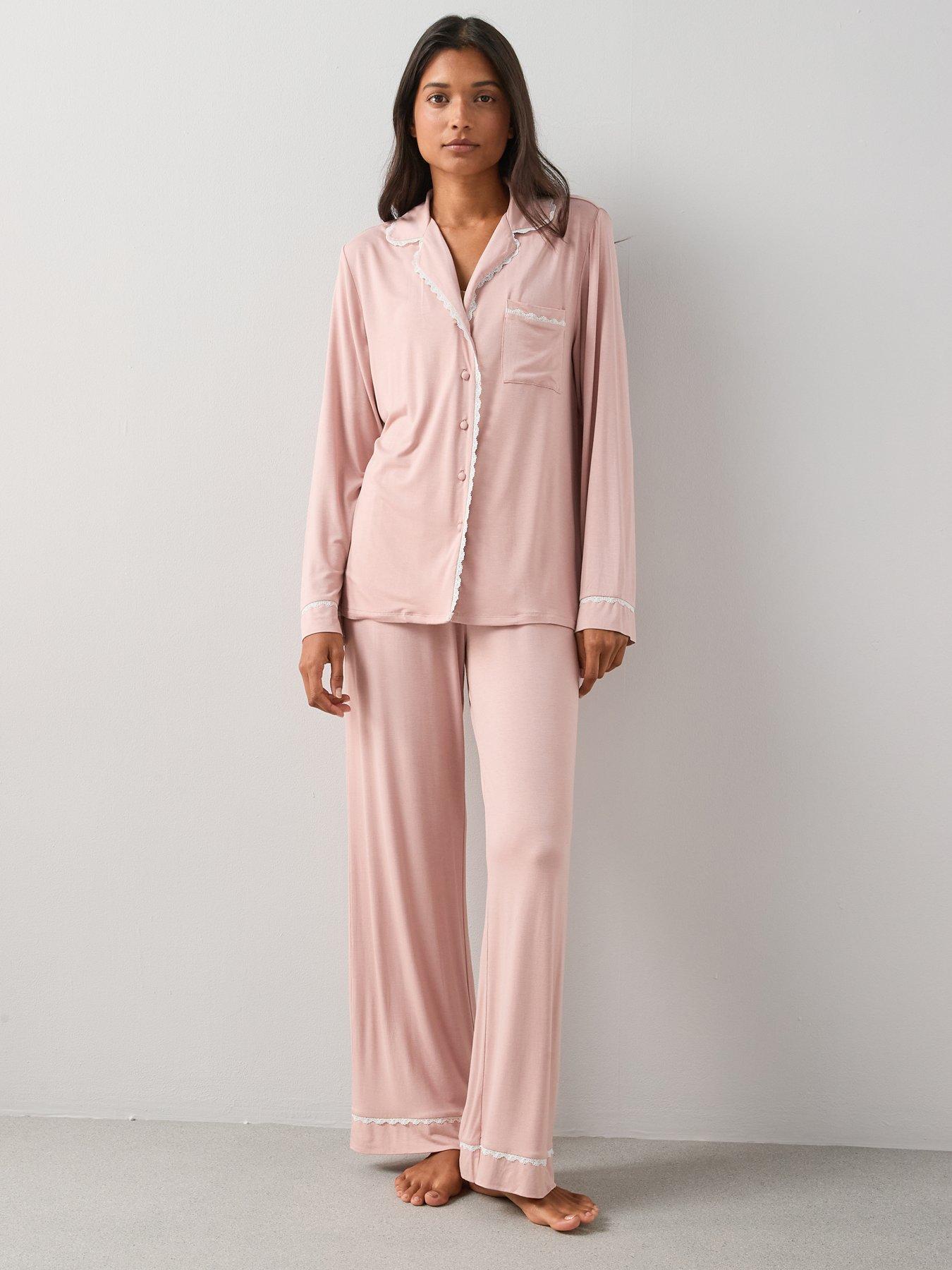 Image 6 of 7 of The Very Collection Lace Trim Jersey Revere Pyjama Set With Matching Scrunchie - Pink