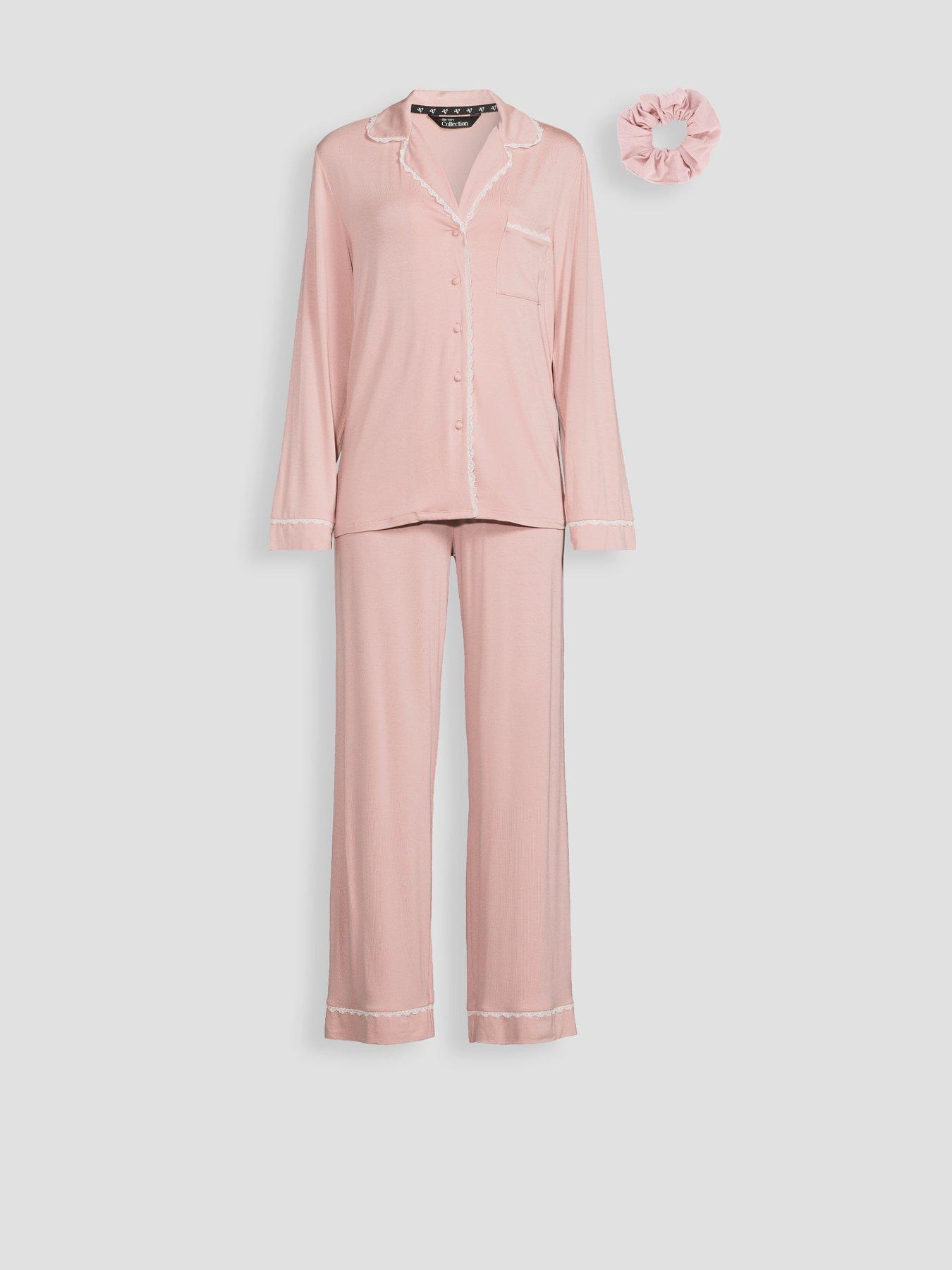 Image 7 of 7 of The Very Collection Lace Trim Jersey Revere Pyjama Set With Matching Scrunchie - Pink