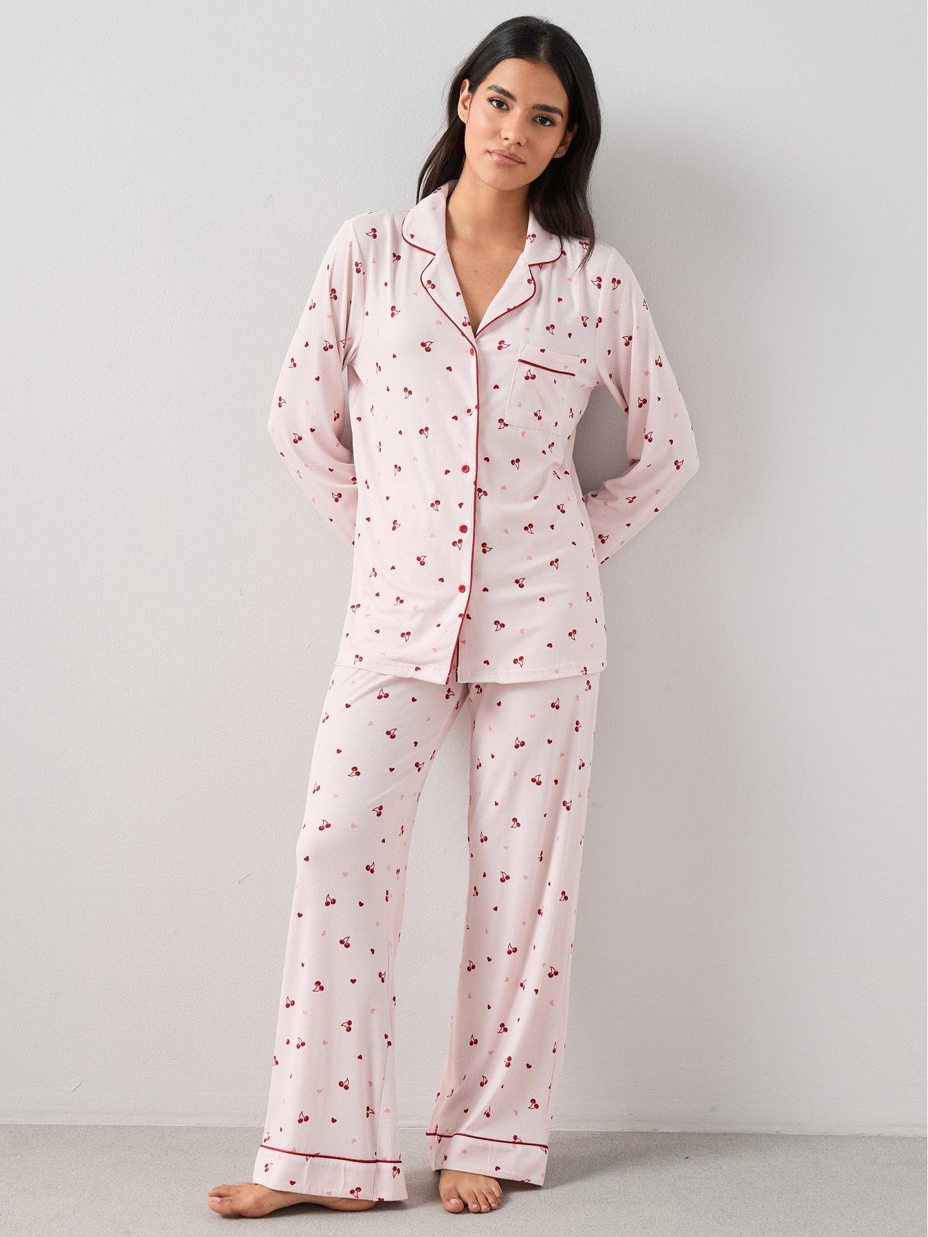The Very Collection Ribbed Cherry And Heart Print Jersey Revere Pyjama Set - Pink