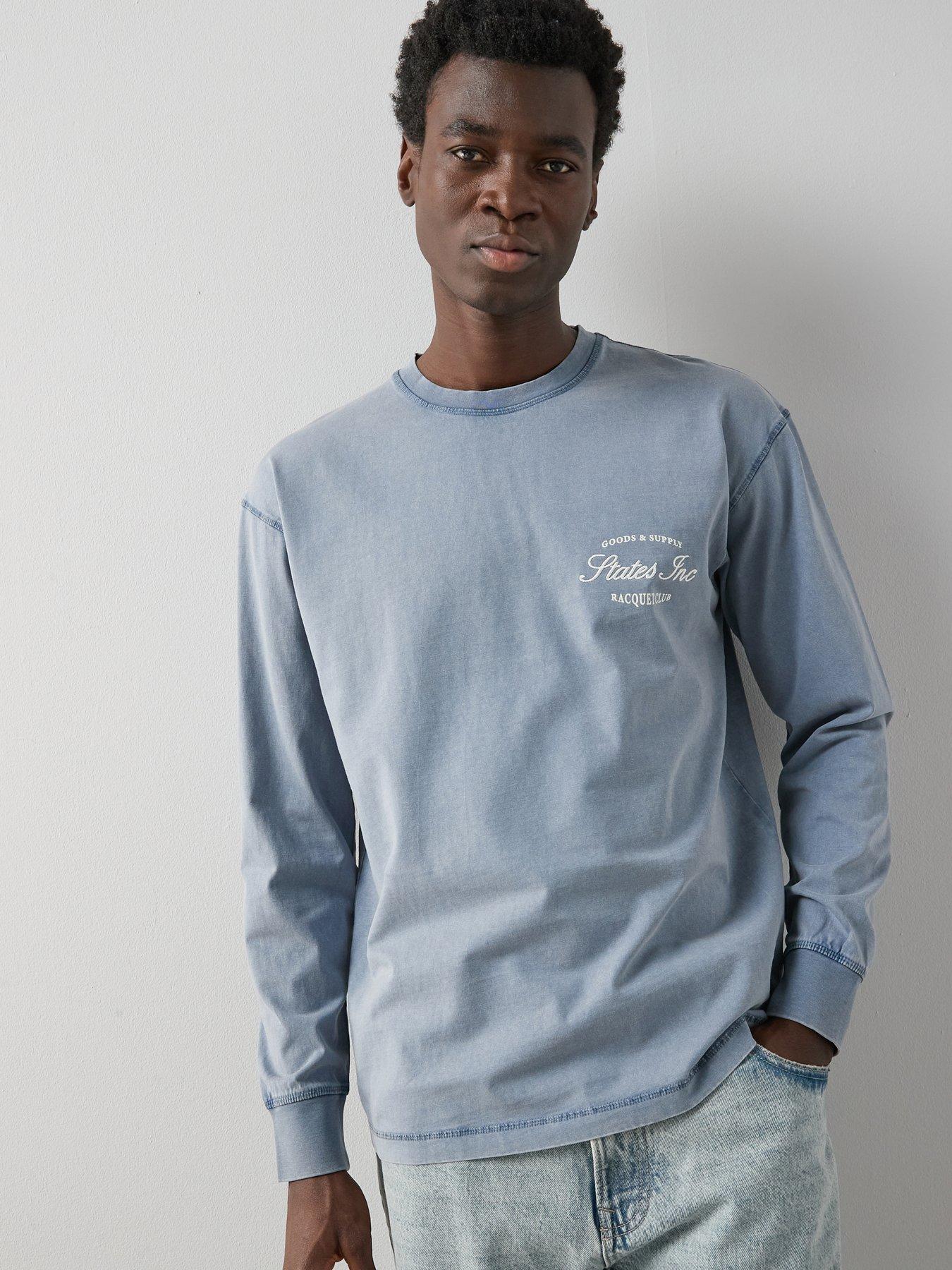 The Very Collection Pure Cotton Washed Embroidery Detail Graphic Long Sleeve T-Shirt - Blue