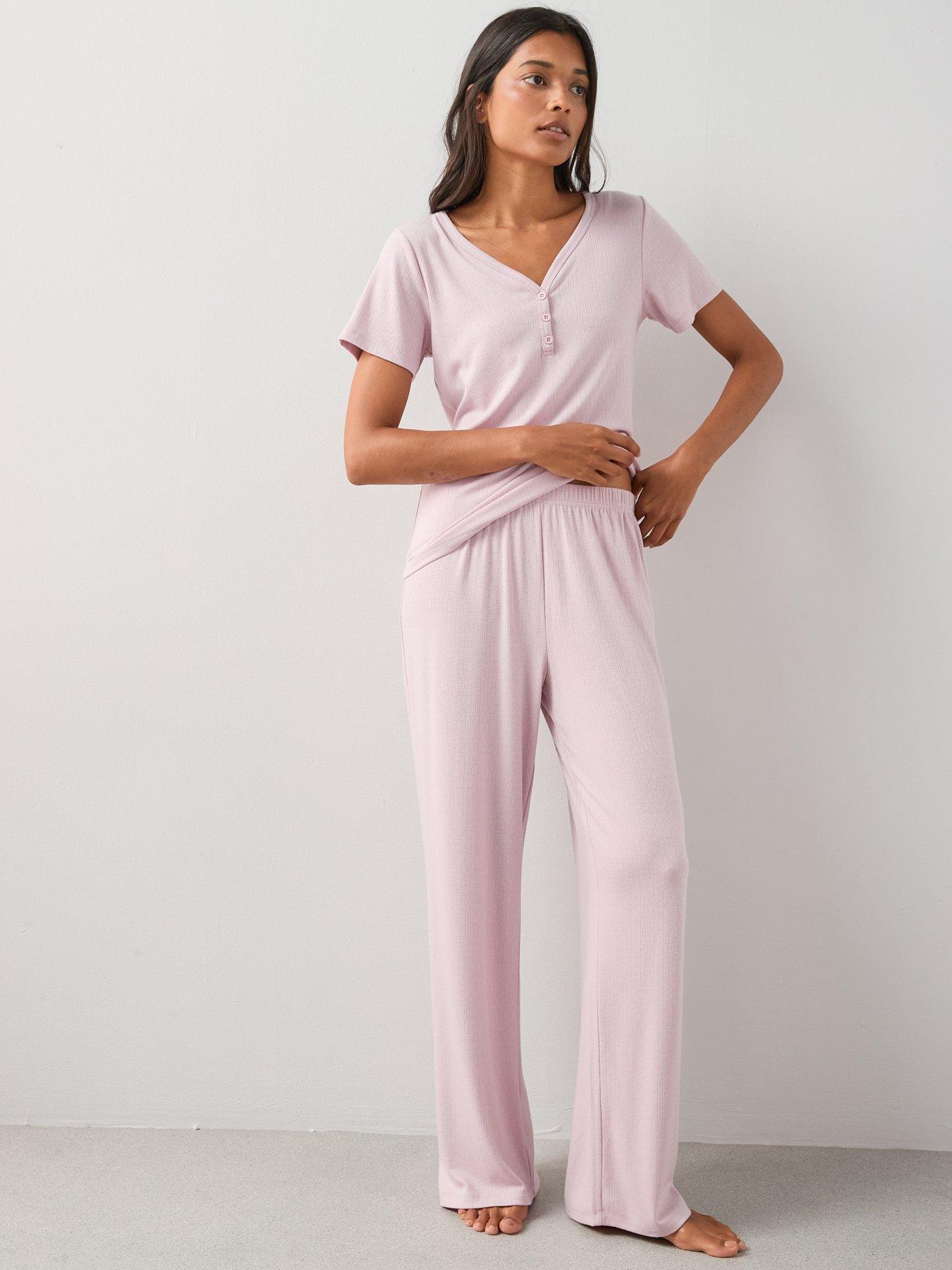 Image 1 of 7 of The Very Collection Pointelle Short Sleeve Henley And Wide Leg Pyjama Set - Pink